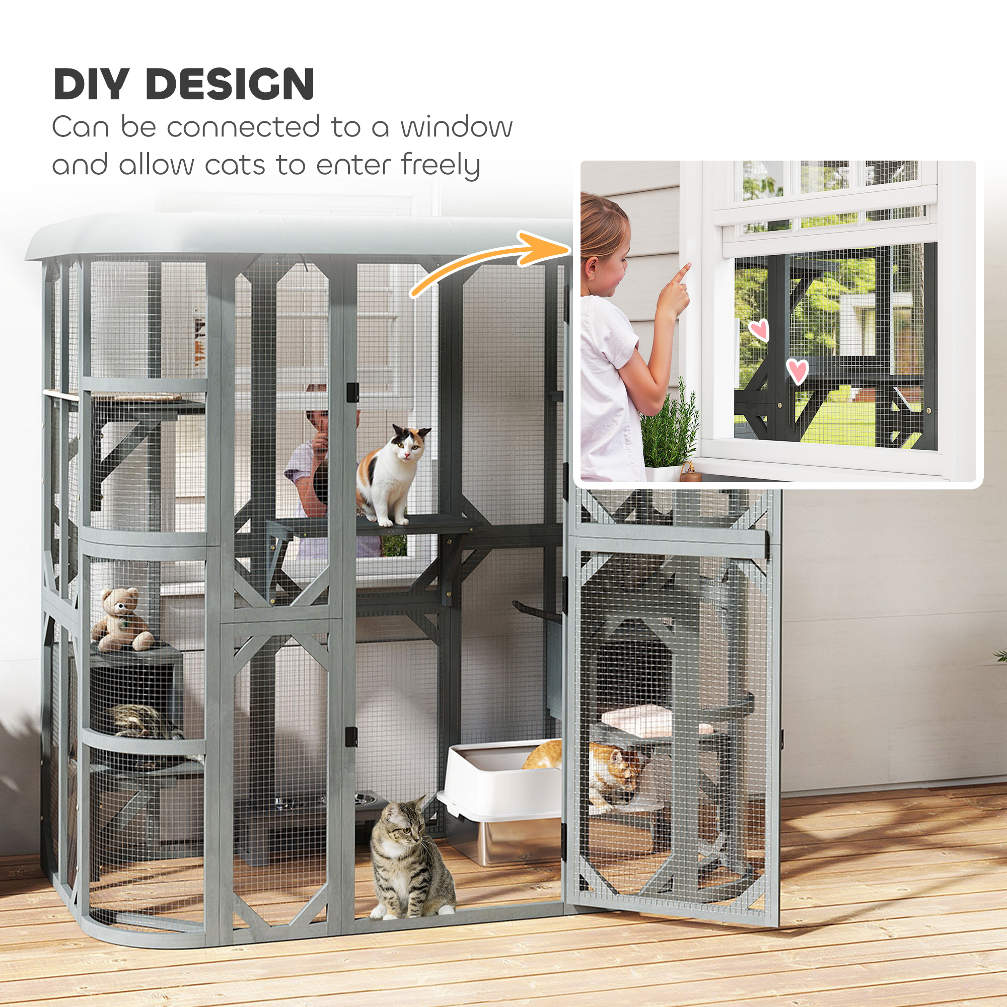Catio Outdoor Cat Enclosure, 71" Wooden Cat House with Platforms, Condos and Waterproof Cover for 2–3 Kittens, Grey