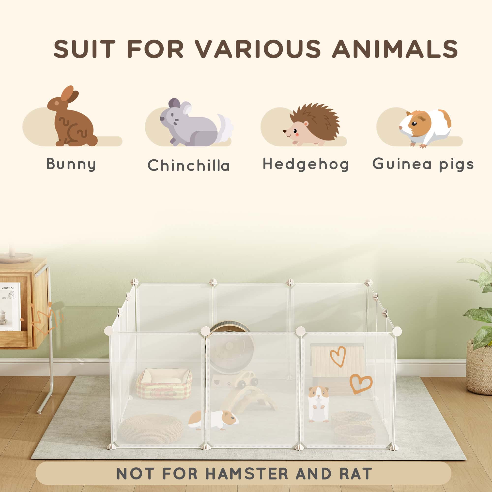 Small Animal Cage Plastic Chinchilla Cage 12 Panels for Guinea Pig, 18" x 14", White