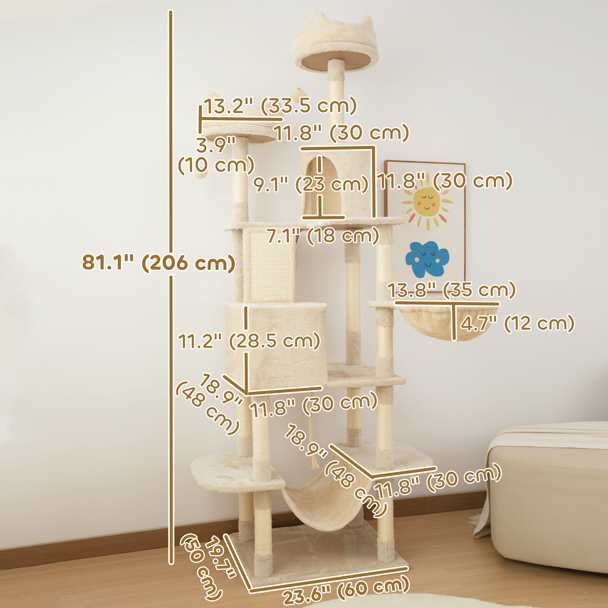 81" Large Cat Tree w/ Scratching Posts, Condos, Beds, Hammocks, Jumping Platforms, Toy Balls, Rope Cat Toy, Beige
