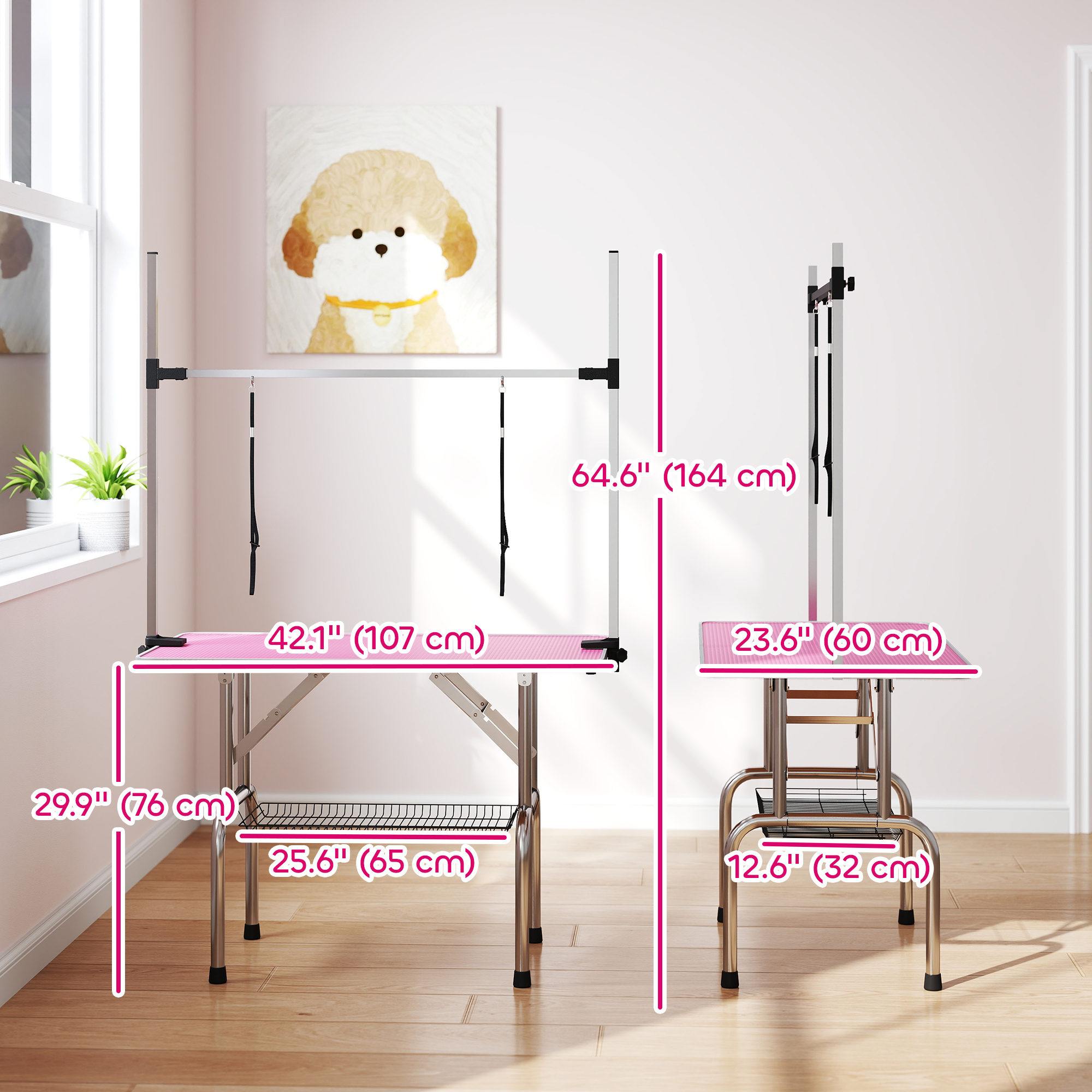 Adjustable Dog Grooming Table with 2 Safety Slings, Storage Basket, Pink