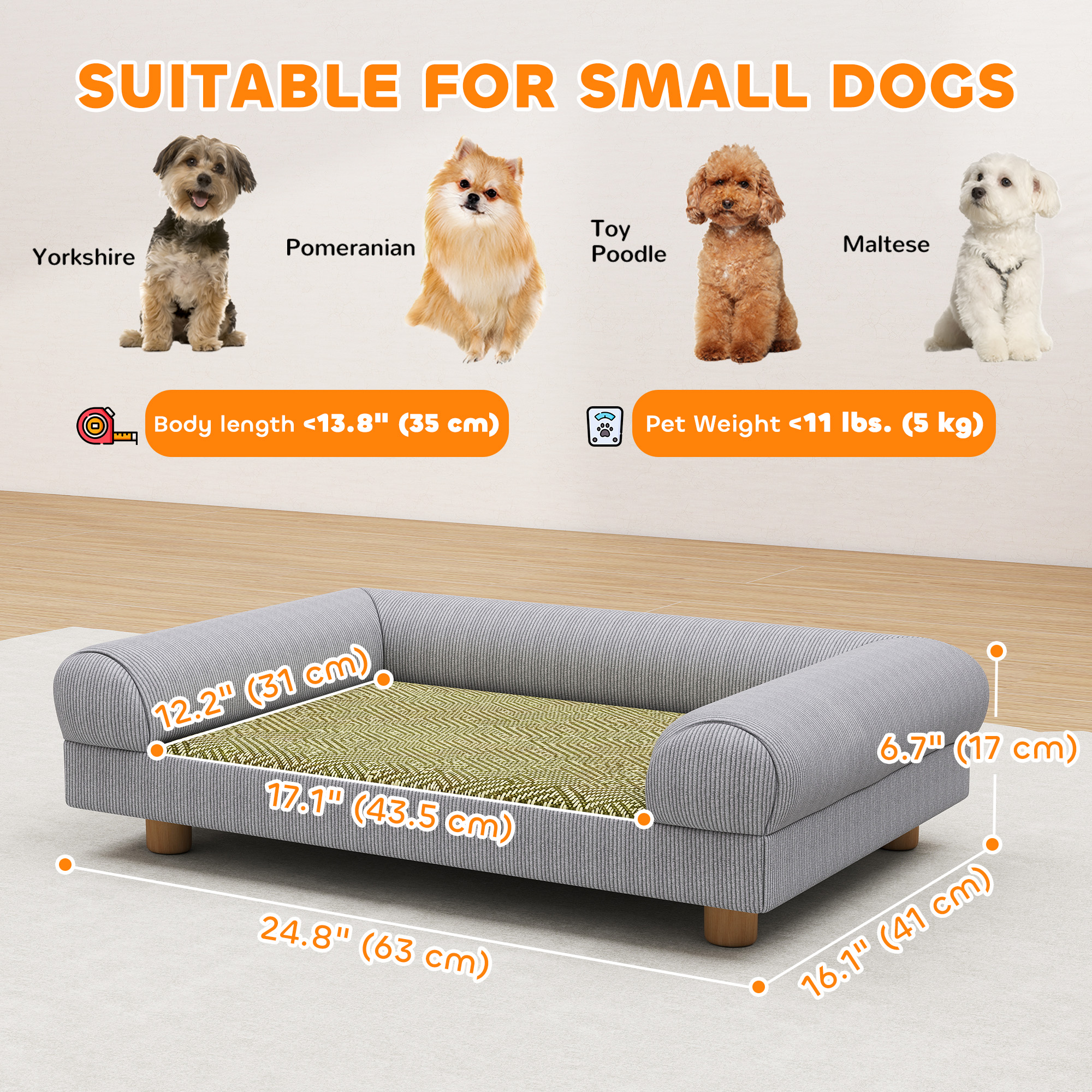 Pet Sofa, Dog Couch Bed for Small Dogs, Elevated Pet Sofa with Solid Feet for Indoor Kittens, Grey