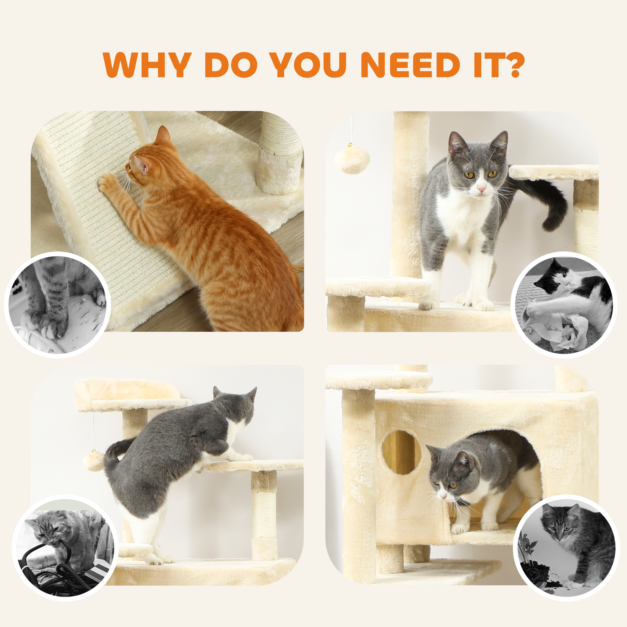 63" Cat Tree, Multi-Level Cat Tower with Scratching Posts, Cat Condos, Bed, Platforms, Ramp, Toy Ball, Cream White