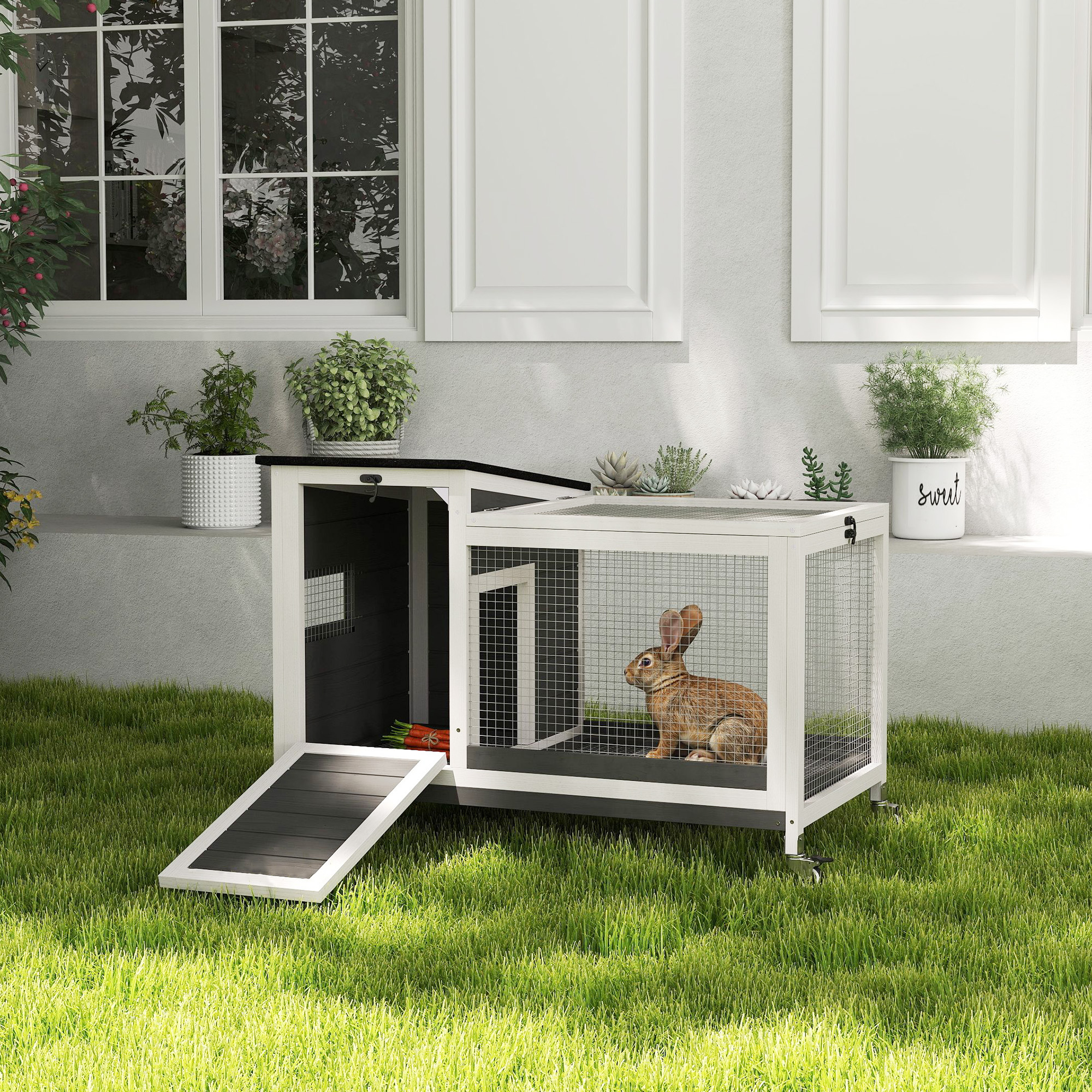 Wooden Rabbit Hutch with Pull-Out Tray, Asphalt Openable Roof, Small Animal Cage on Wheels with Run, Grey