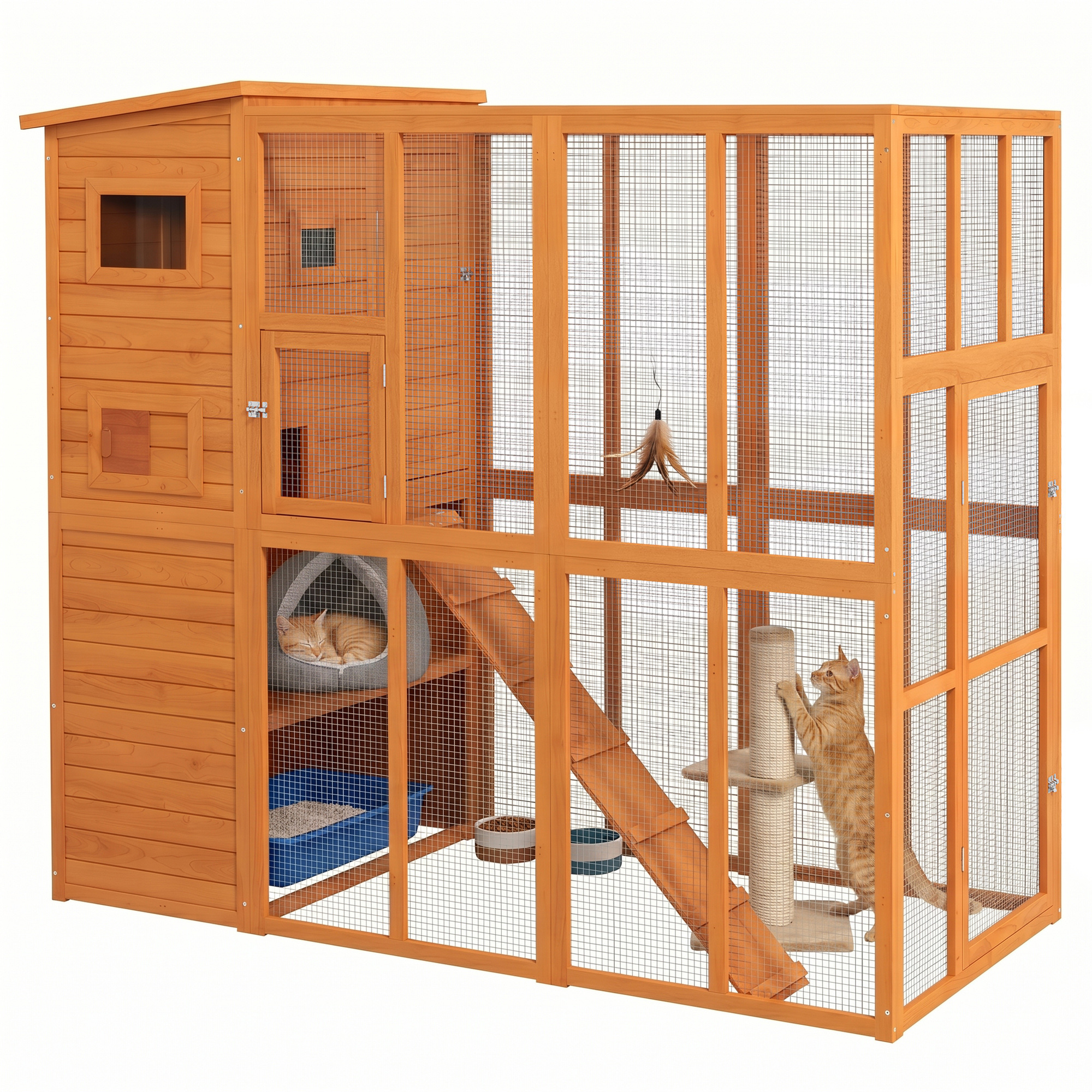 68.75" H Cat Cage Large Wooden Outdoor Cat House with Large Run for Play, Catio for Lounging, and Condo Area for Sleeping, Natural