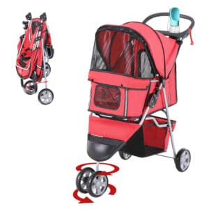 3 Wheels Foldable Dog Stroller with Storage Basket, Adjustable Canopy, Cupholder for Miniature and Small Dogs, Red