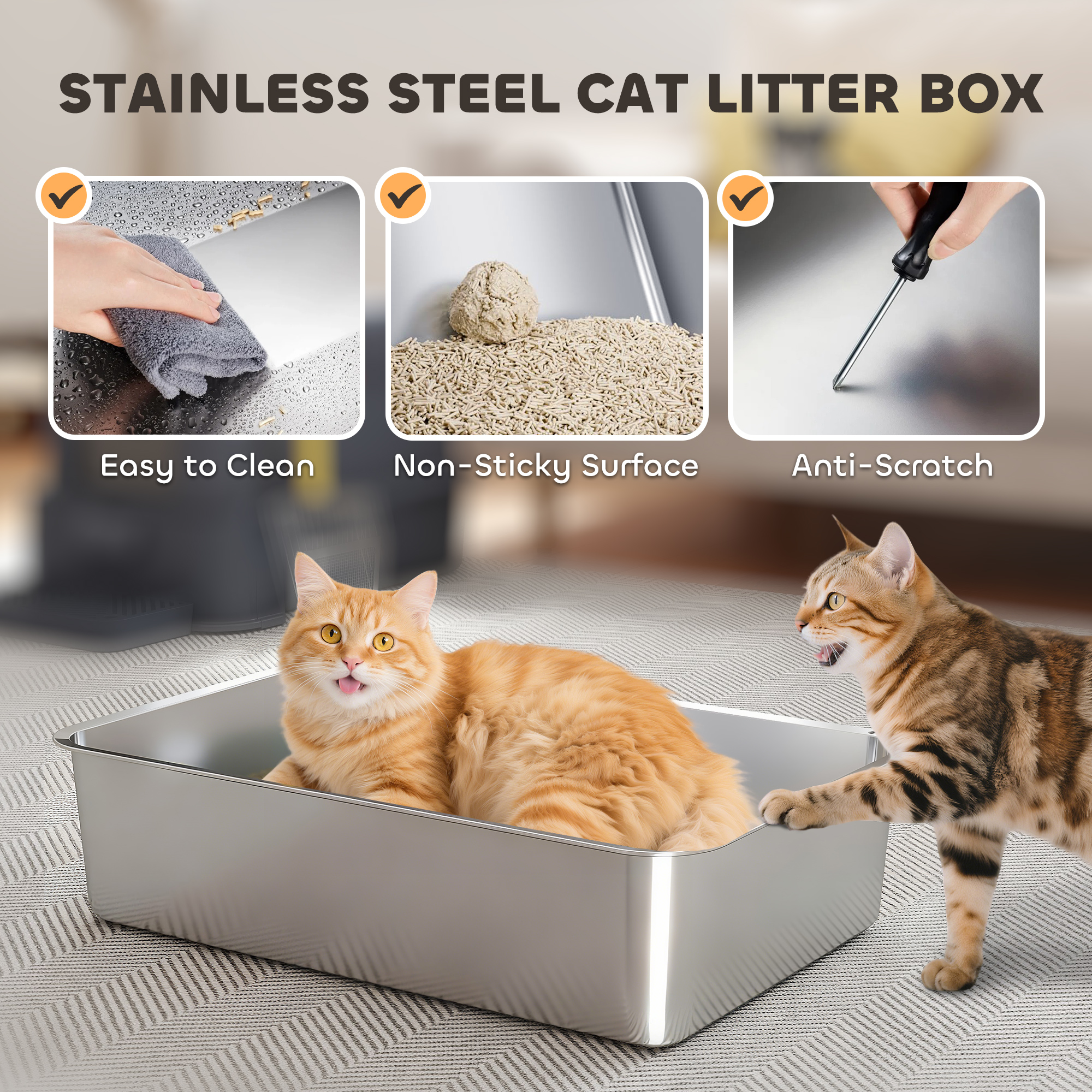 80L XL Stainless Steel Cat Litter Box for Big Cats with Flip Cover, Pull-Out Drawer Tray, High Sided, Pedal, Dark Grey