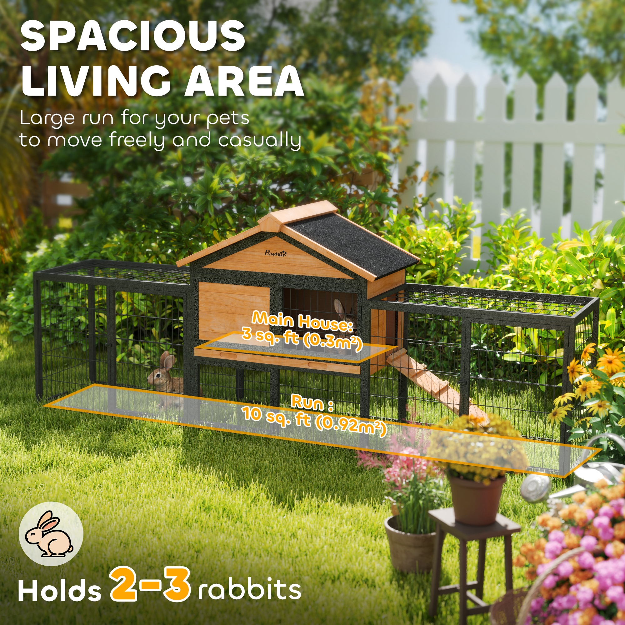 Rabbit Hutch Outdoor, 85"L Large Wooden Bunny Cage with Run Box, Removable Plastic Tray, Asphalt Roof, Ramp, Yellow