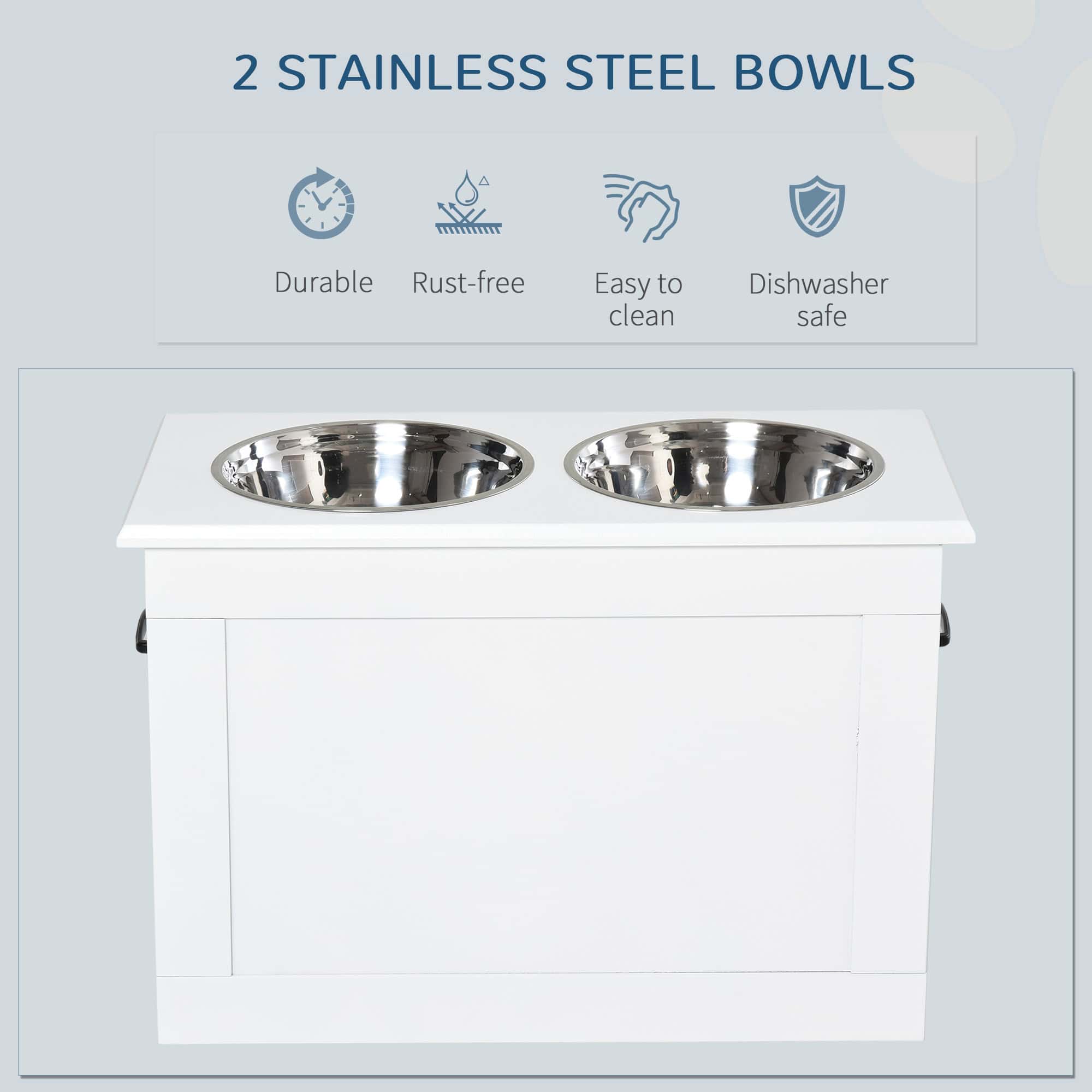 Large Elevated Pet Feeder with Storage Dog Pet Diner Function 2 Stainless Steel Dog Bowls Elevated Base for Large Dogs and Other Large Pet, White