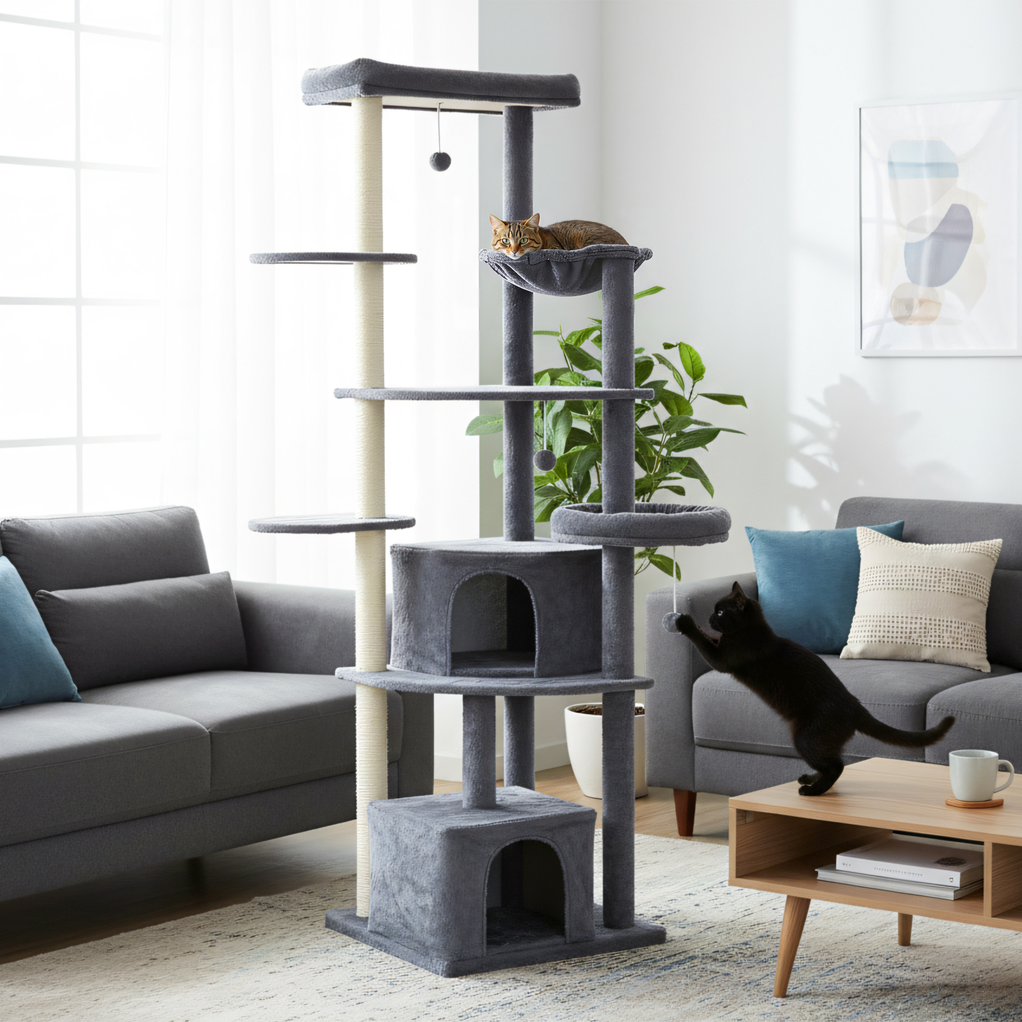 79" Extra Tall Cat Tree with Scratching Posts, Perches, Caves, Hammock, Pompoms, for 2-3 Indoor Cats, Dark Grey - Image 8