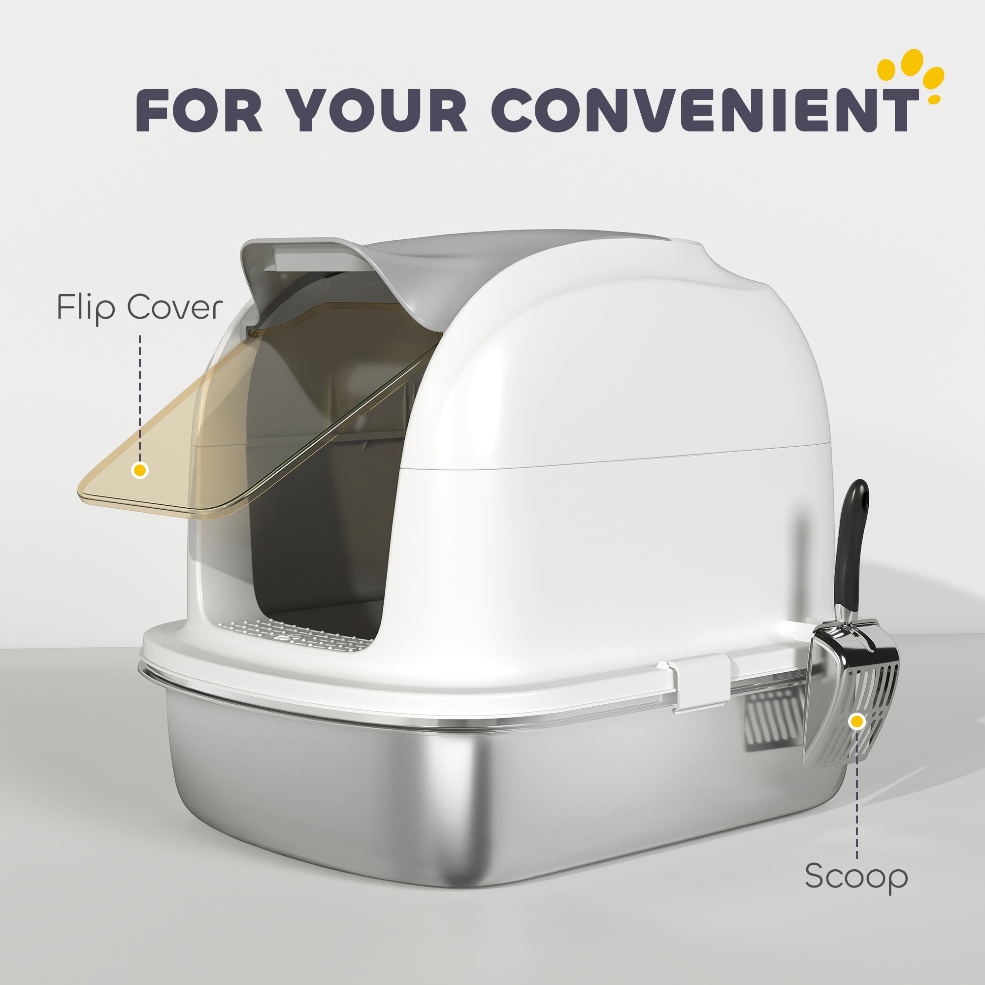 Large Stainless Steel Cat Litter Box with Lid, Enclosed Cat Litter Box with Flip Cover, Scoop