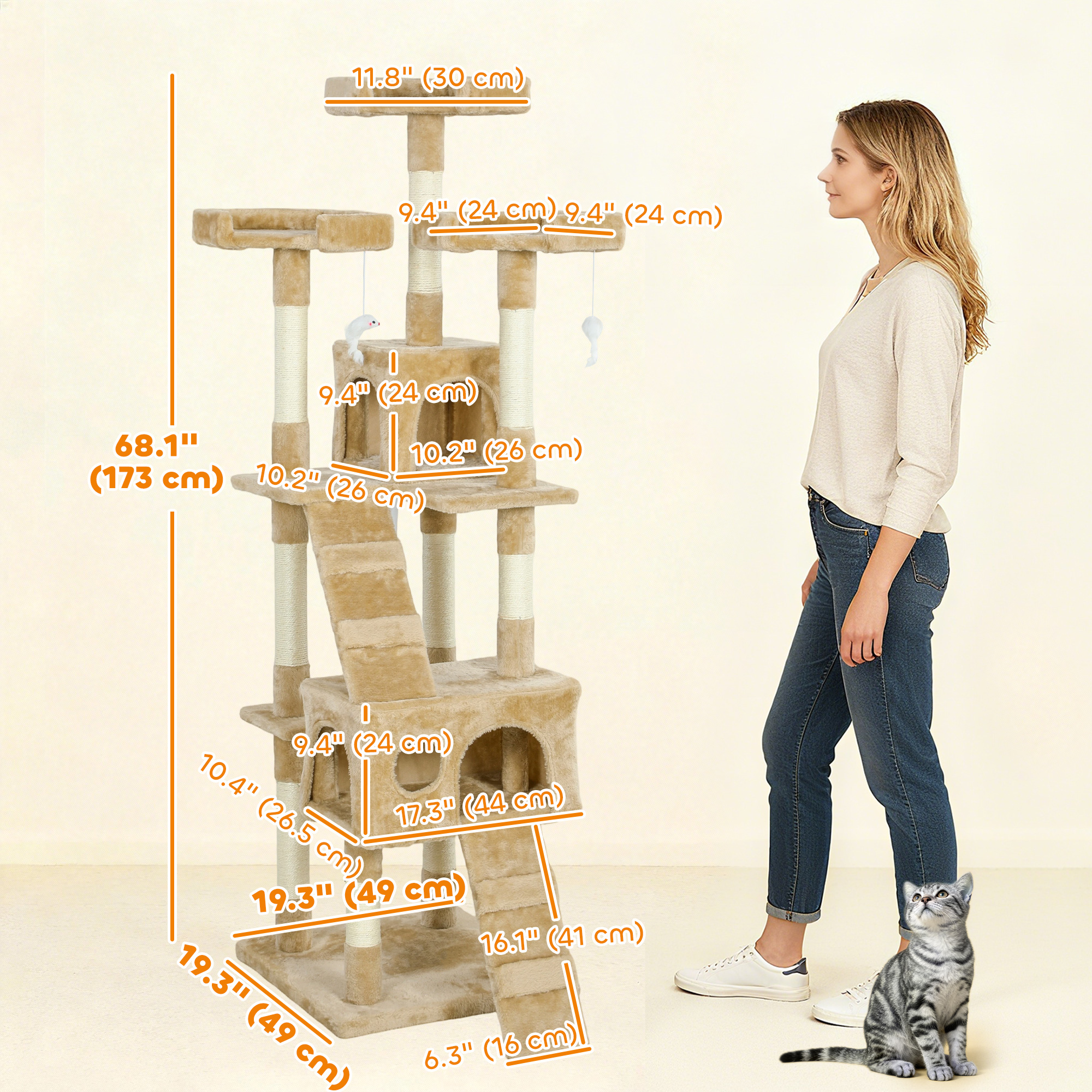 68-inch Multi-Level Cat Scratching Tree Kitty Activity Center Post Tower Condo Pet Furniture w/ Toy Light Brown