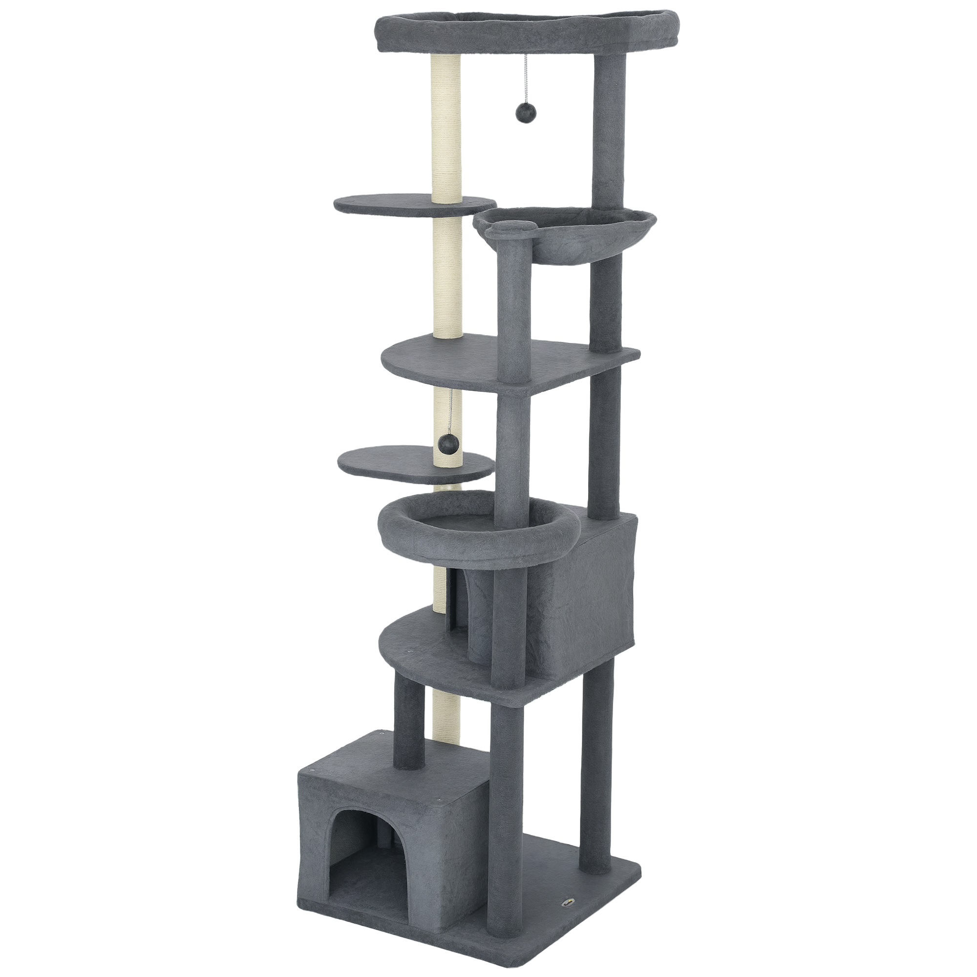 79" Extra Tall Cat Tree with Scratching Posts, Perches, Caves, Hammock, Pompoms, for 2-3 Indoor Cats, Dark Grey