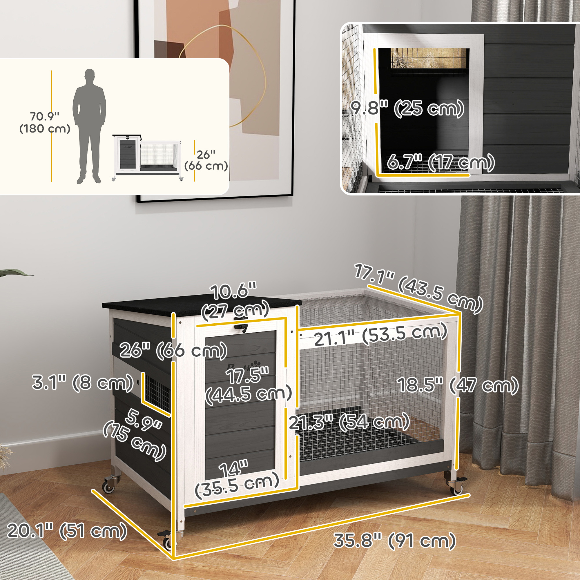 Wooden Rabbit Hutch with Pull-Out Tray, Asphalt Openable Roof, Small Animal Cage on Wheels with Run, Grey