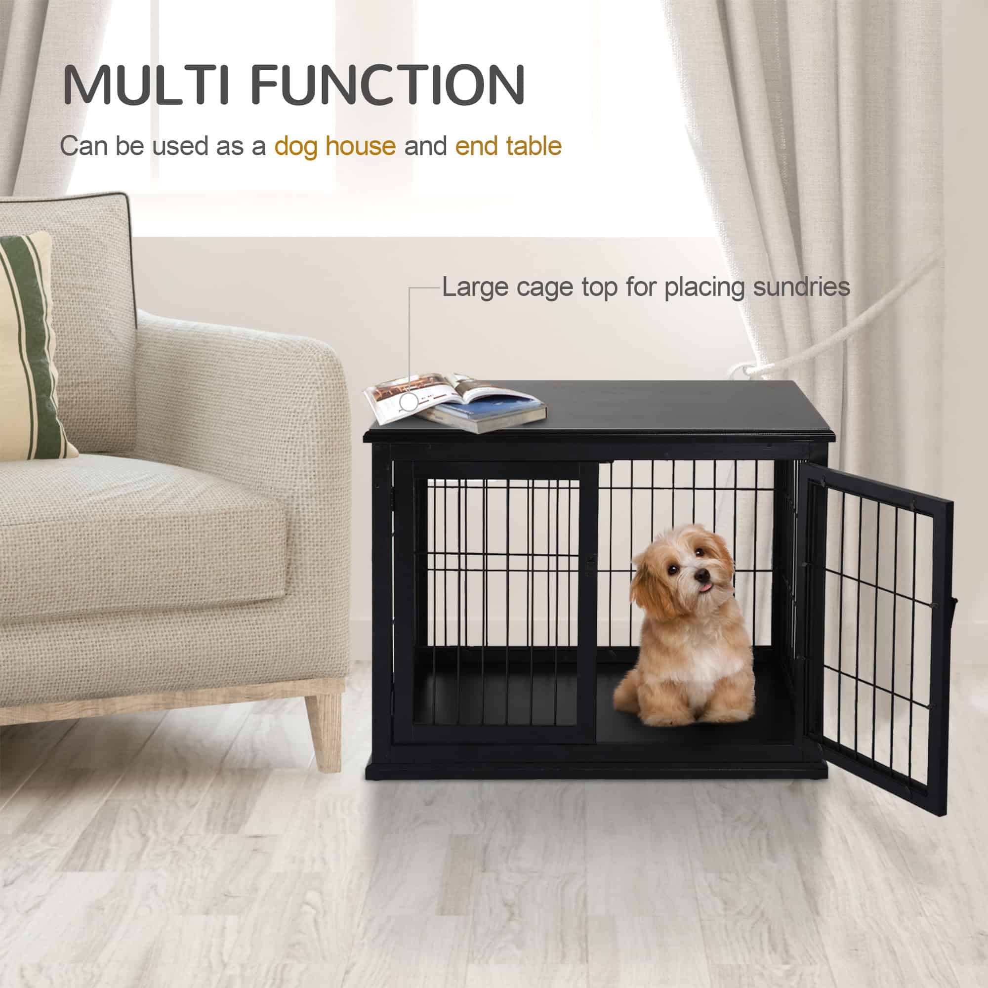 26" Wooden Dog Cage with Double Door Entrance & Simple Modern Design, Black