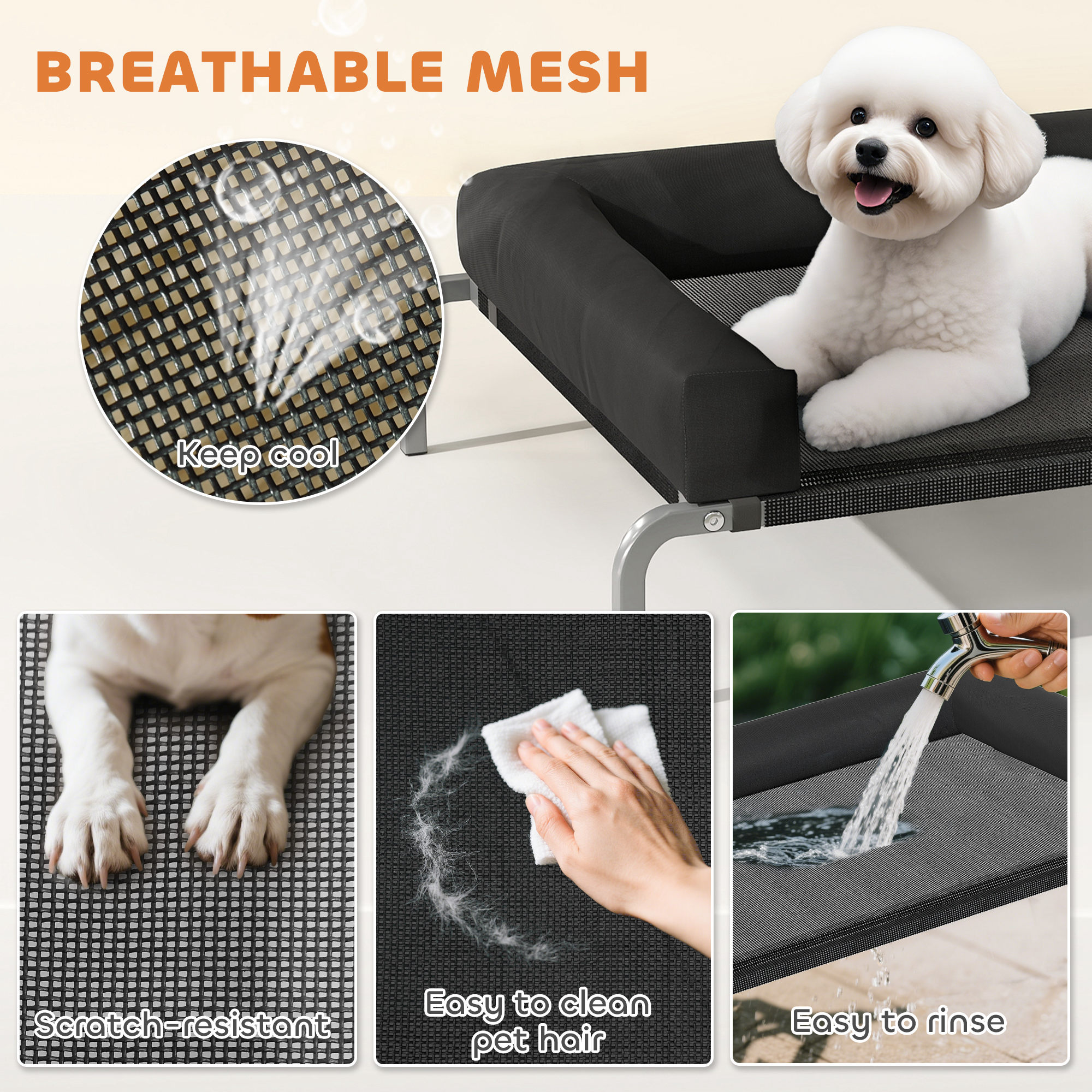 Elevated Dog Bed, Portable Raised Dog Cot with Breathable Mesh, Removable and Water-Resistant Bolsters, Black