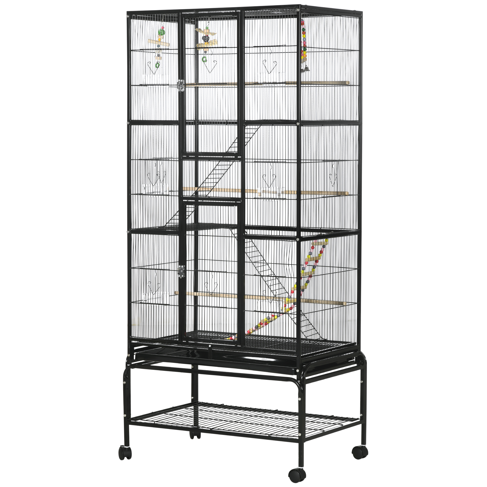 71" Bird Cage with Wheels Perches, Ramp, Storage Shelf, Toys for Canaries, Finches, Cockatiels, Parakeets, Black