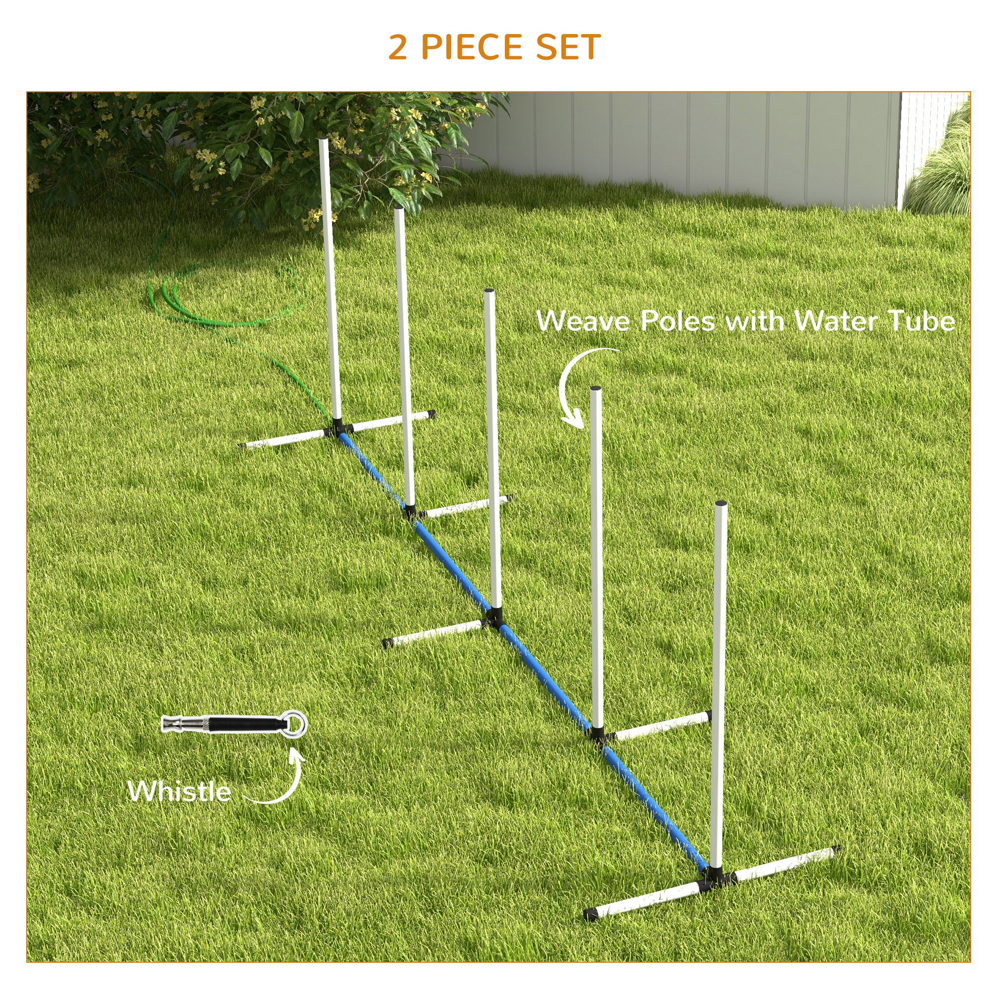 2PCs Dog Agility Kit with Weave Poles, Spray Water Tube, Whistle, Carry Bag, White
