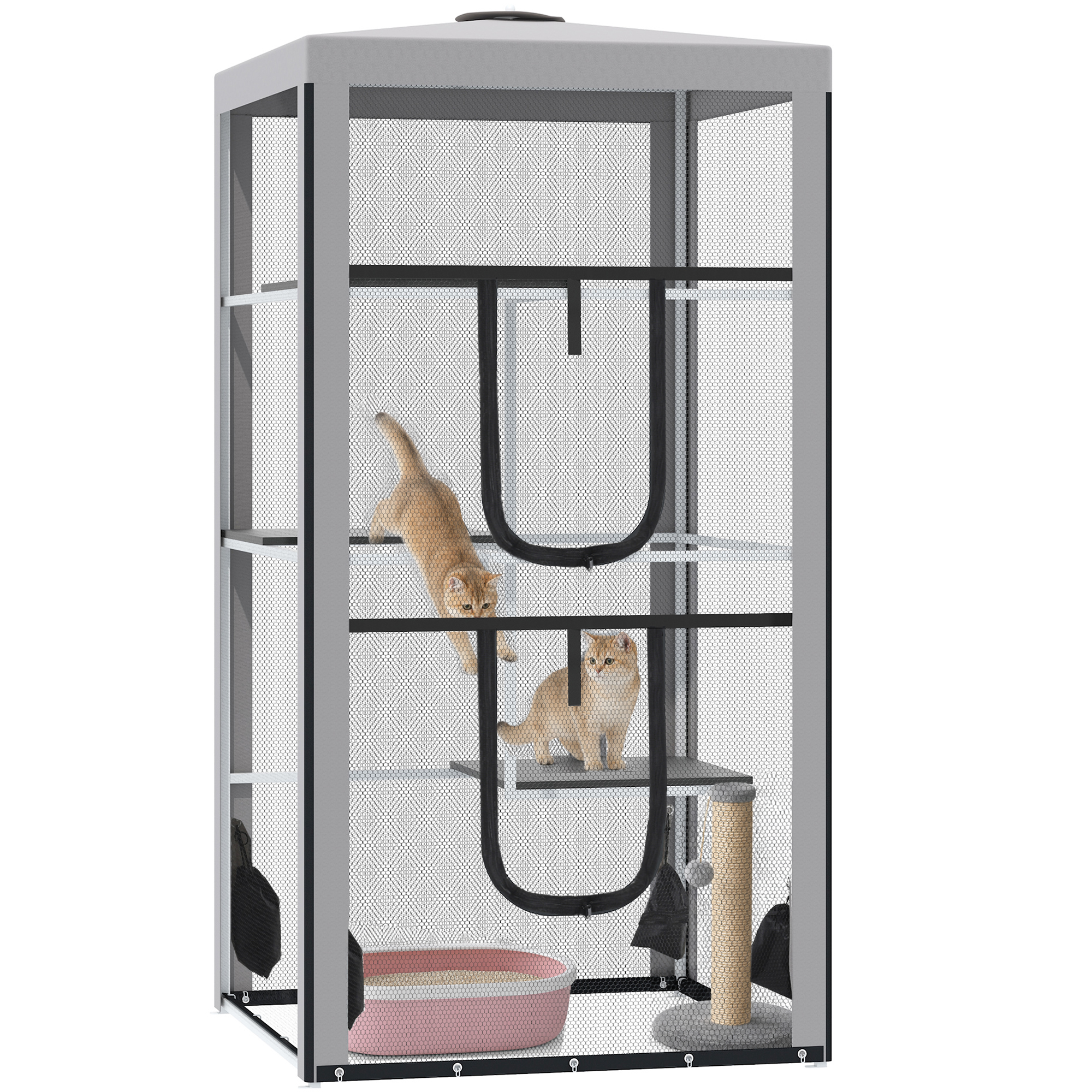 79"H Catio Outdoor Cat Enclosure, Steel Frame Cat Cage with 3 Platforms, 2 Doors and 4 Sandbags for Stability
