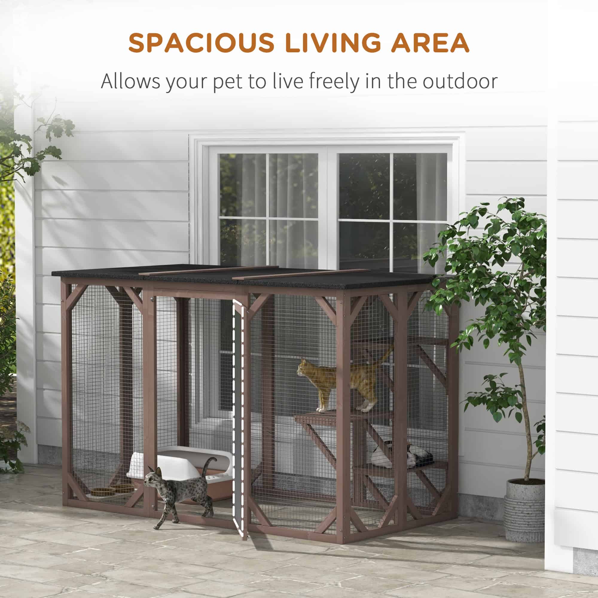 71"L Catio Outdoor Cat Enclosure, Indoor Cat Cage, Pet House, Small Animal Hutch for 1-2 Rabbit, Kitten, Kitty Crate Kennel w/ Waterproof Roof, Multi-Level Platforms, Brown - Image 7
