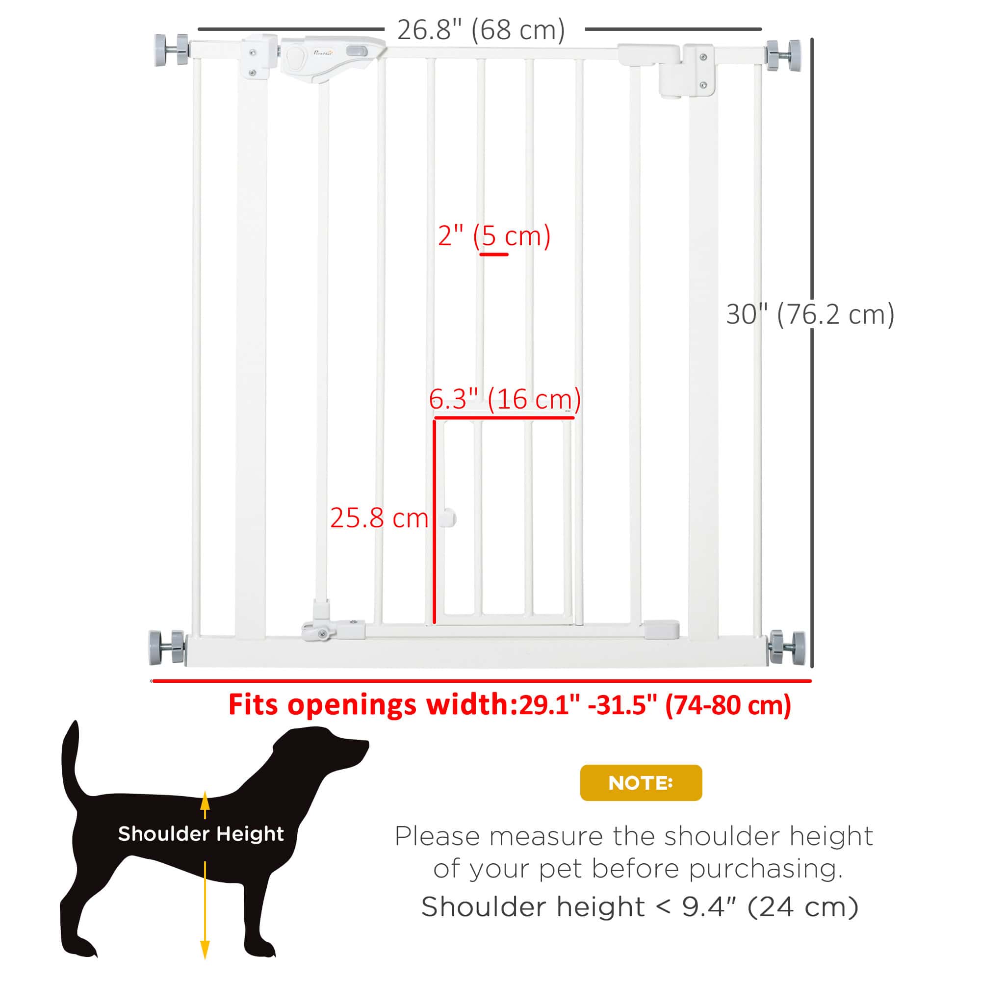 Pet Gate Extra Wide Press-Mounted with Cat Door, Auto Closing Pet Gate for Stair, Hallway, 29-32 Inch, White