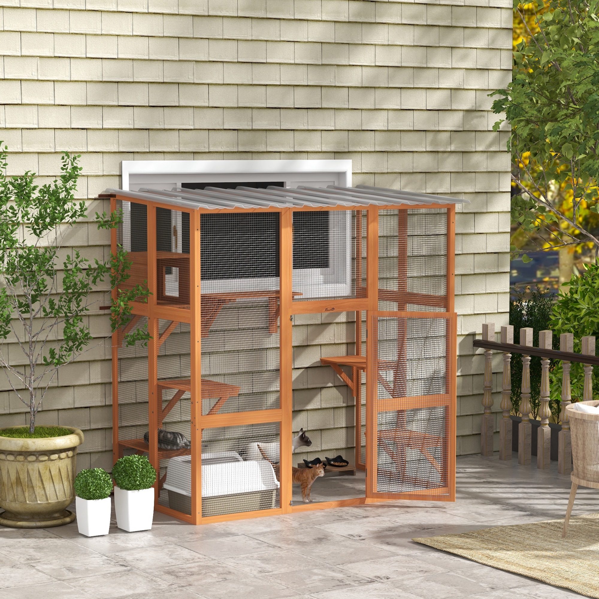 Large Outdoor Catio with Weatherproof Roof, Bridge, Resting Box, Platforms, Orange
