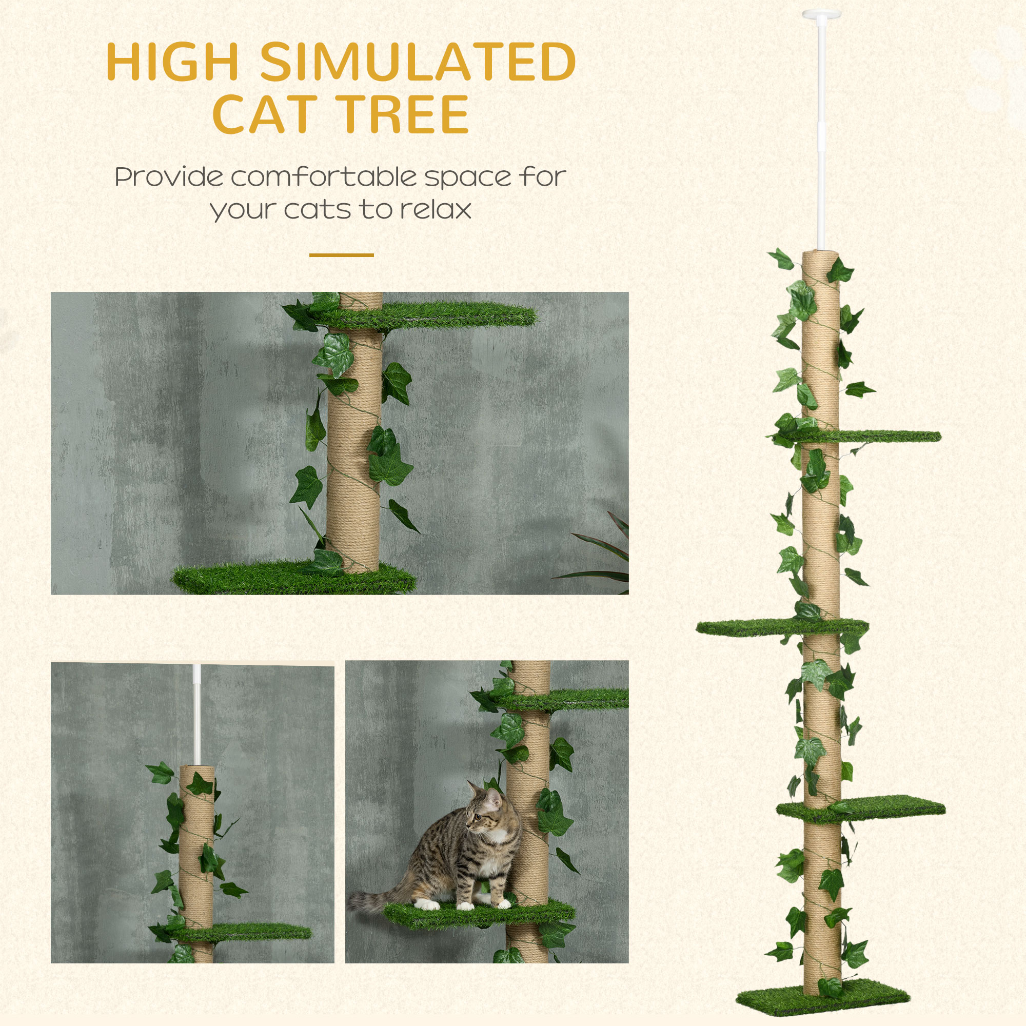 4-Tier Floor to Ceiling Cat Tree, Height(80-95Inches)Adjustable, Tall Cat Tower w/ Anti-Slip Kit, Leaves, Multi-Layer Activity Centre w/ Scratching Post
