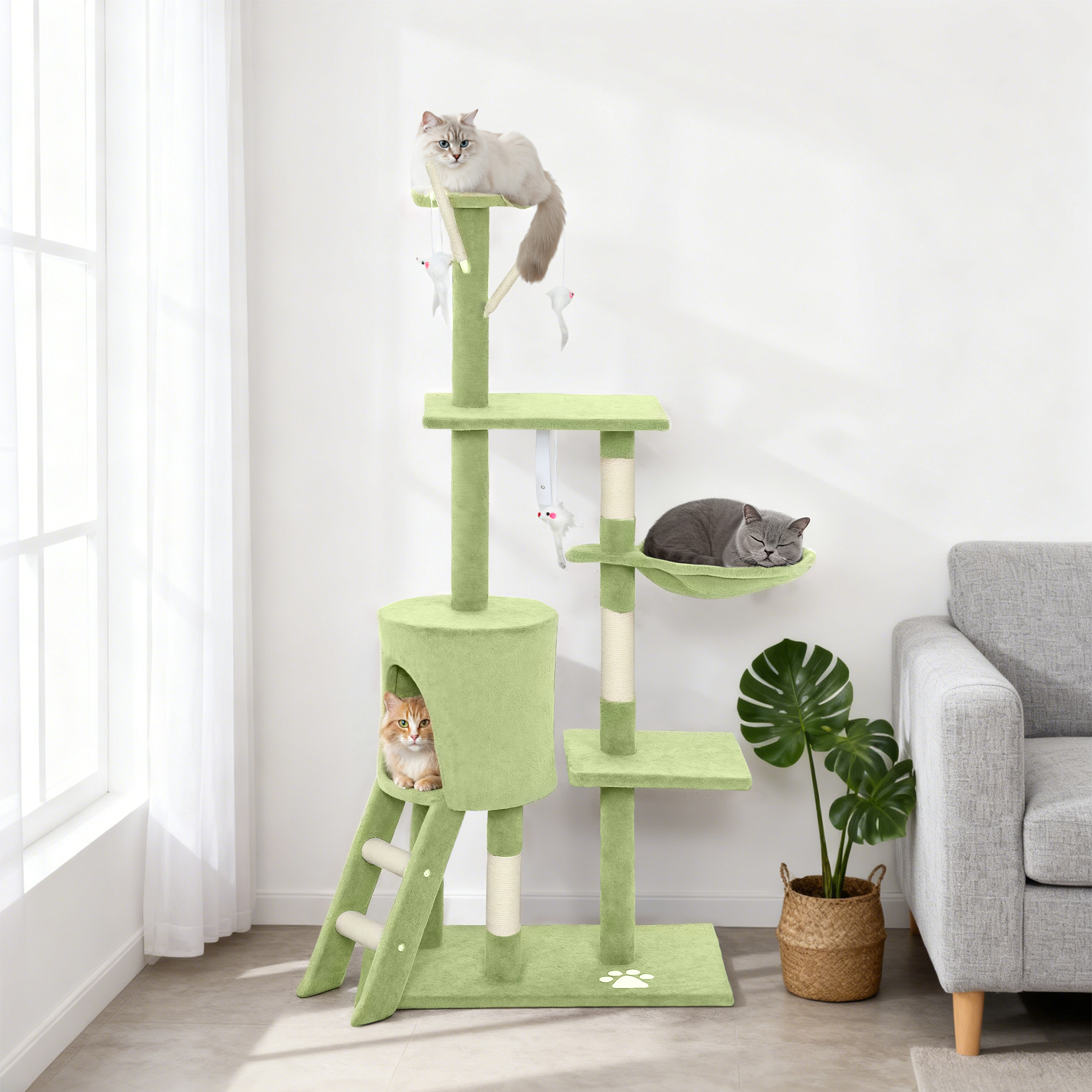 53" Cat Tree Tower, Kitten Activity Centre with Scratching Posts, Condo, Perches, Ladder, Hammock, Dangling Toys, Green - Image 8