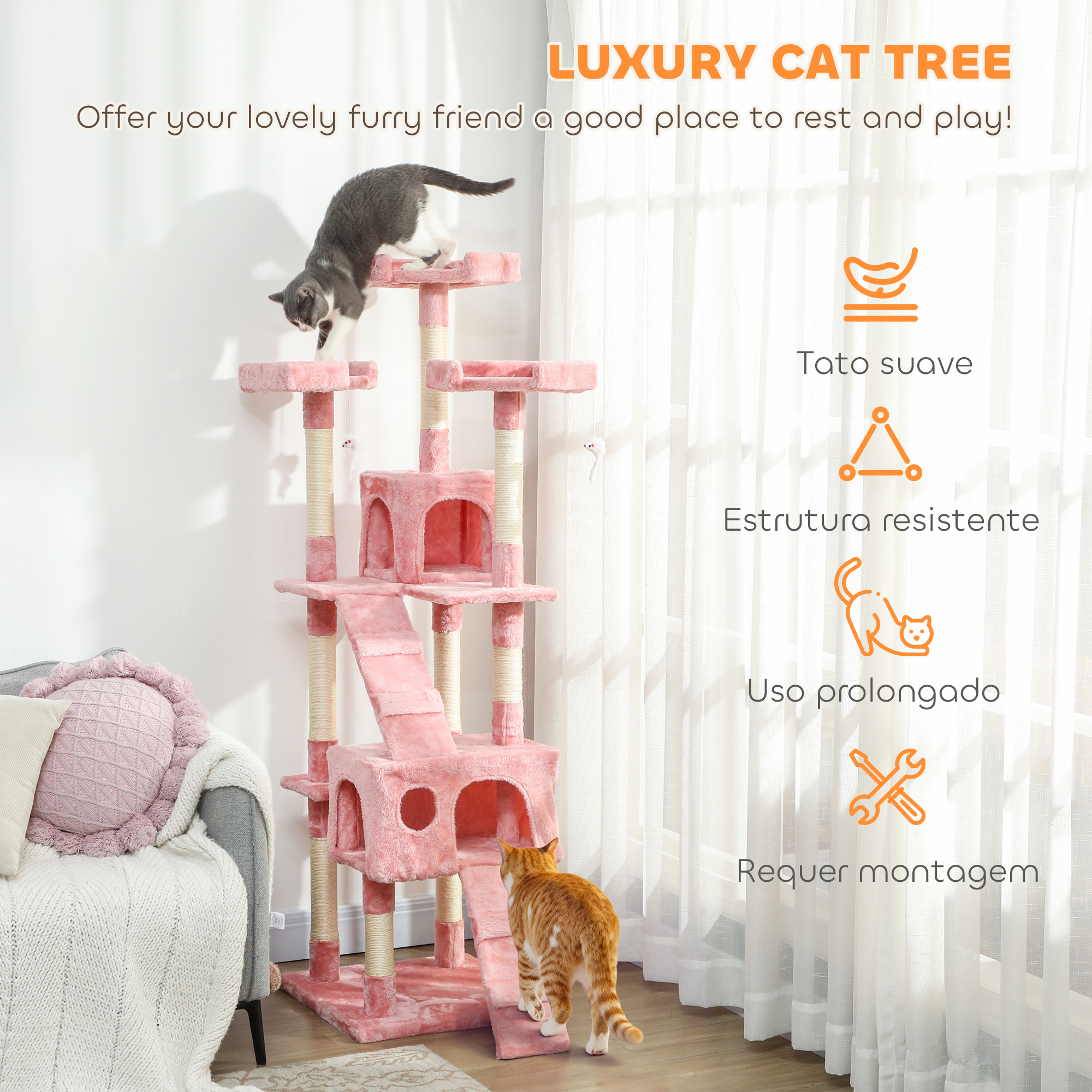 68-inch Multi-Level Cat Scratching Tree Kitty Activity Center Post Tower Condo Pet Furniture w/ Toy Pink - Image 4