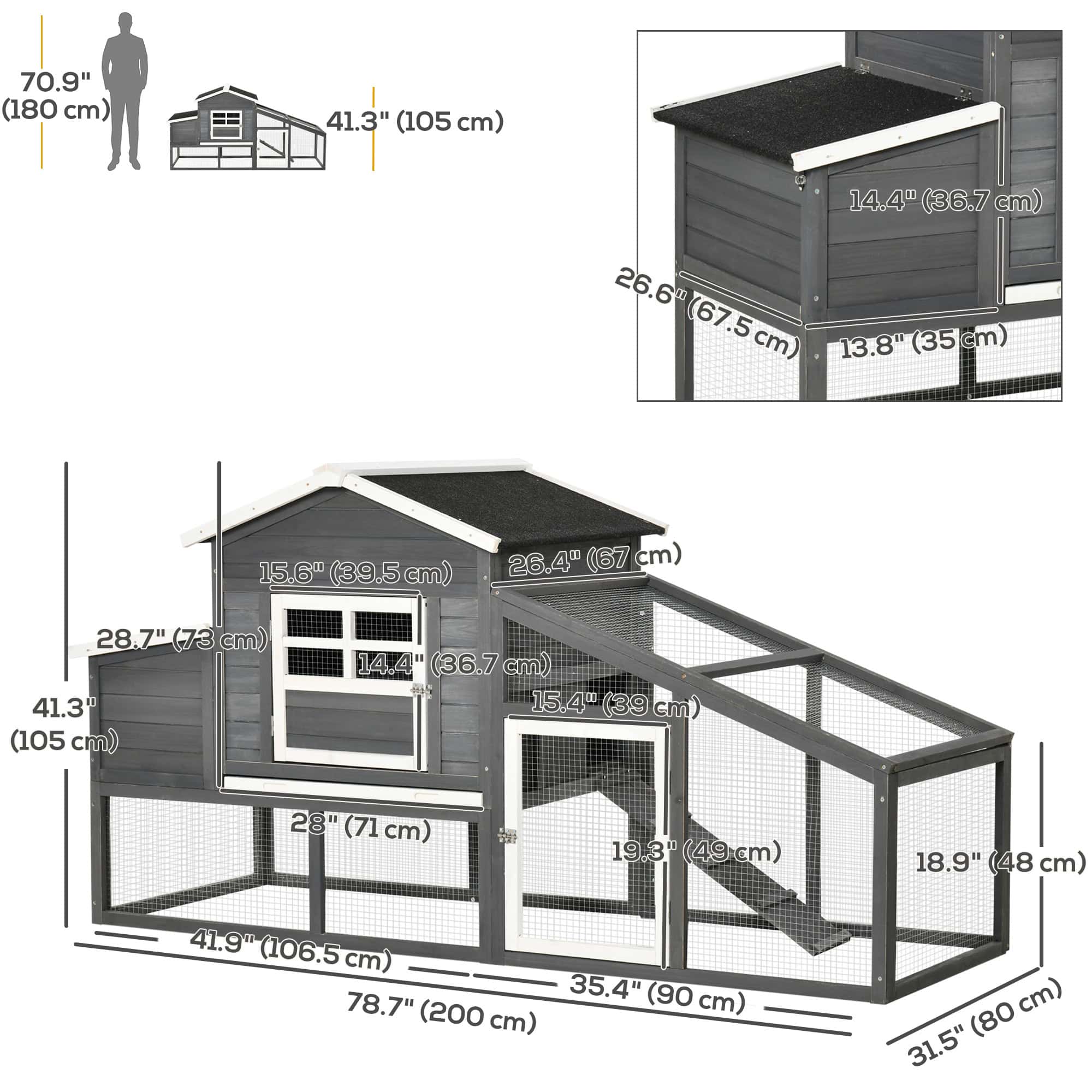 79" Wooden Chicken Coop, Outdoor Hen House, Poultry Habitat with Removable Tray, Nesting Box, Run, Ramp, Grey