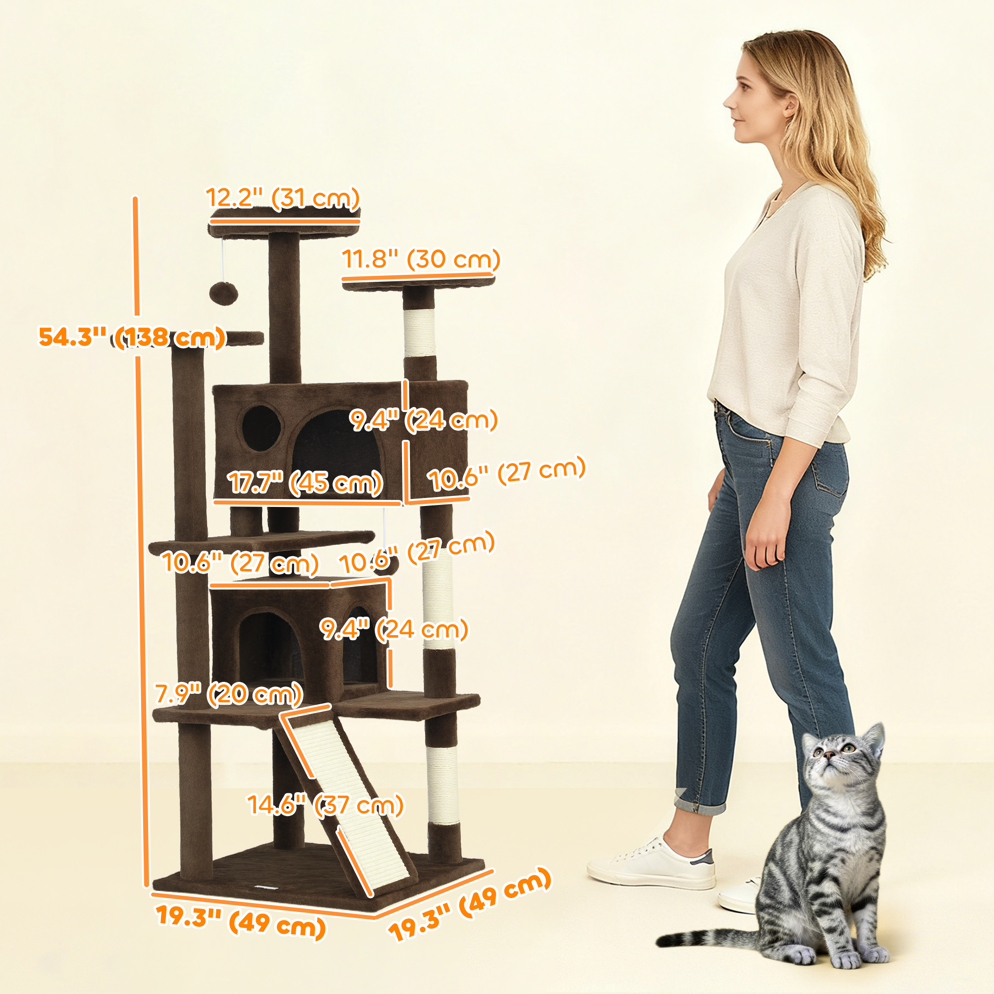 54" Cat Tree, Multi-Level Cat Tower with Scratching Posts, Cat Condos, Bed, Platforms, Ramp, Toy Ball, Light Brown