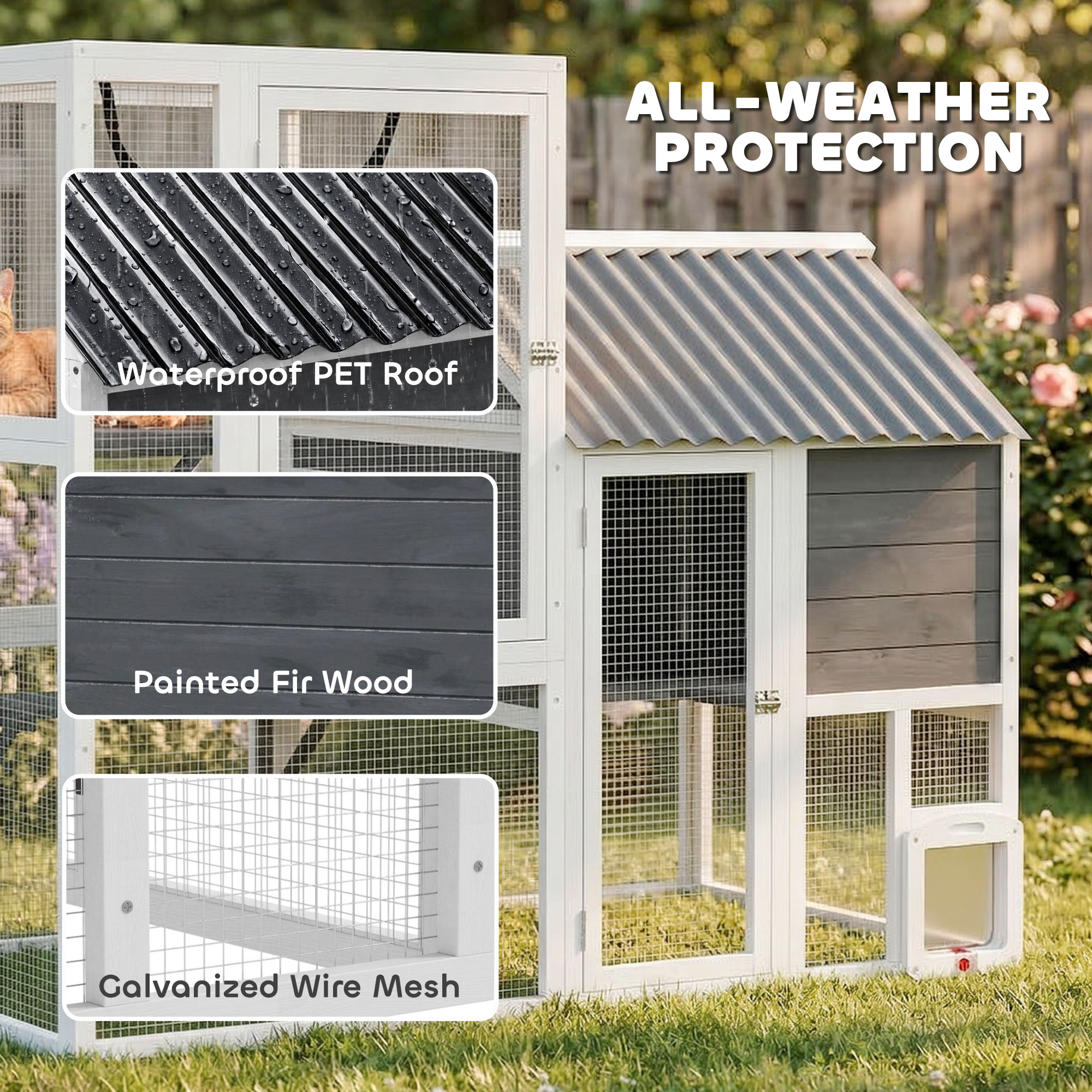 Catio Outdoor Cat Enclosure, 63" L Large Cat House with 4-Way Adjustable Door, Private House, Hammock, 2 Platforms