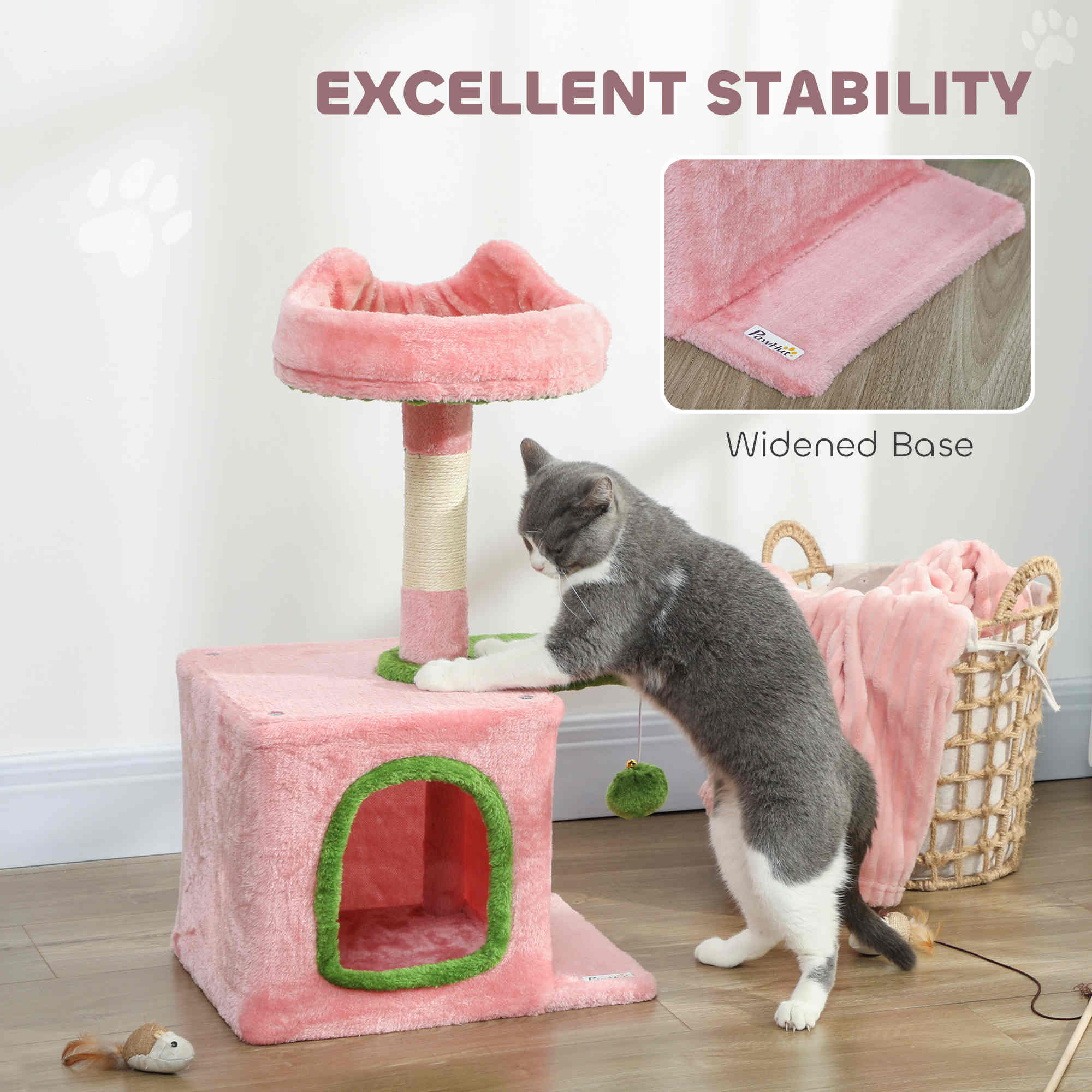 28" Cat Tree Tower with Plush Top Bed, Cozy Condo, Sisal Scratching Post, Perch, Dangling Ball, Pink & Green - Image 6