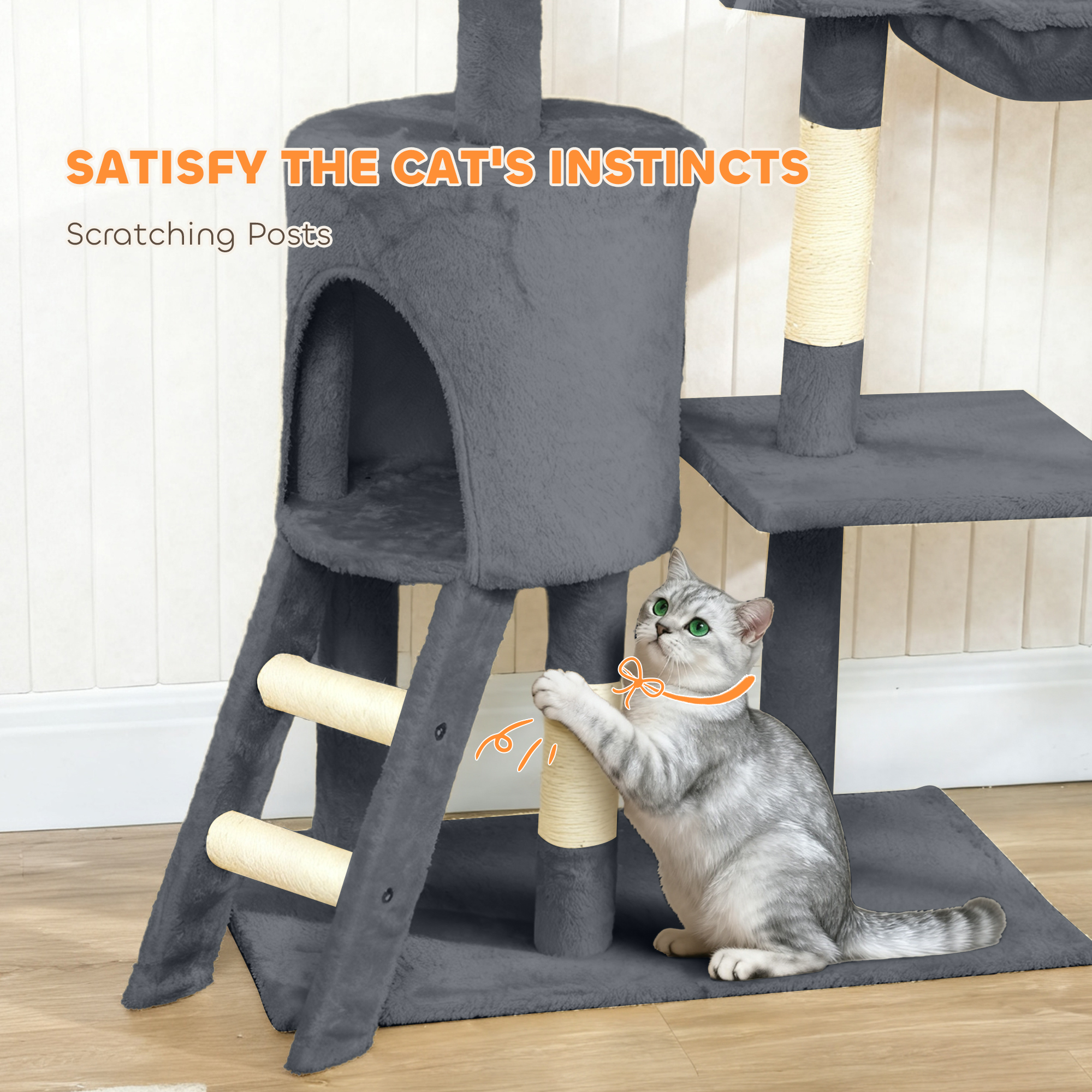 53" Cat Tree Tower, Kitten Activity Centre with Scratching Posts, Condo, Perches, Ladder, Hammock, Dangling Toys, Dark Grey