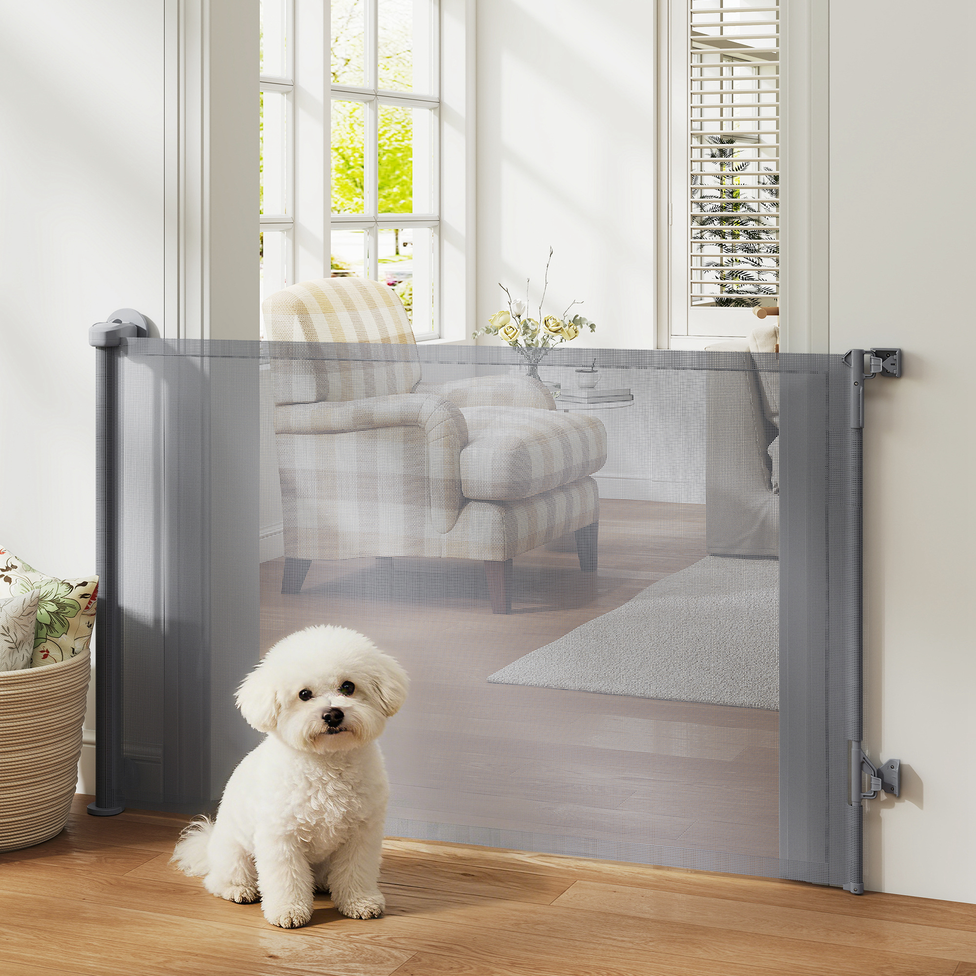Retractable Dog Gate, 36.6" Tall, Extends to 55" Wide, Mesh Pet Gate with Single Hand Operation, for Stairs, Doorways