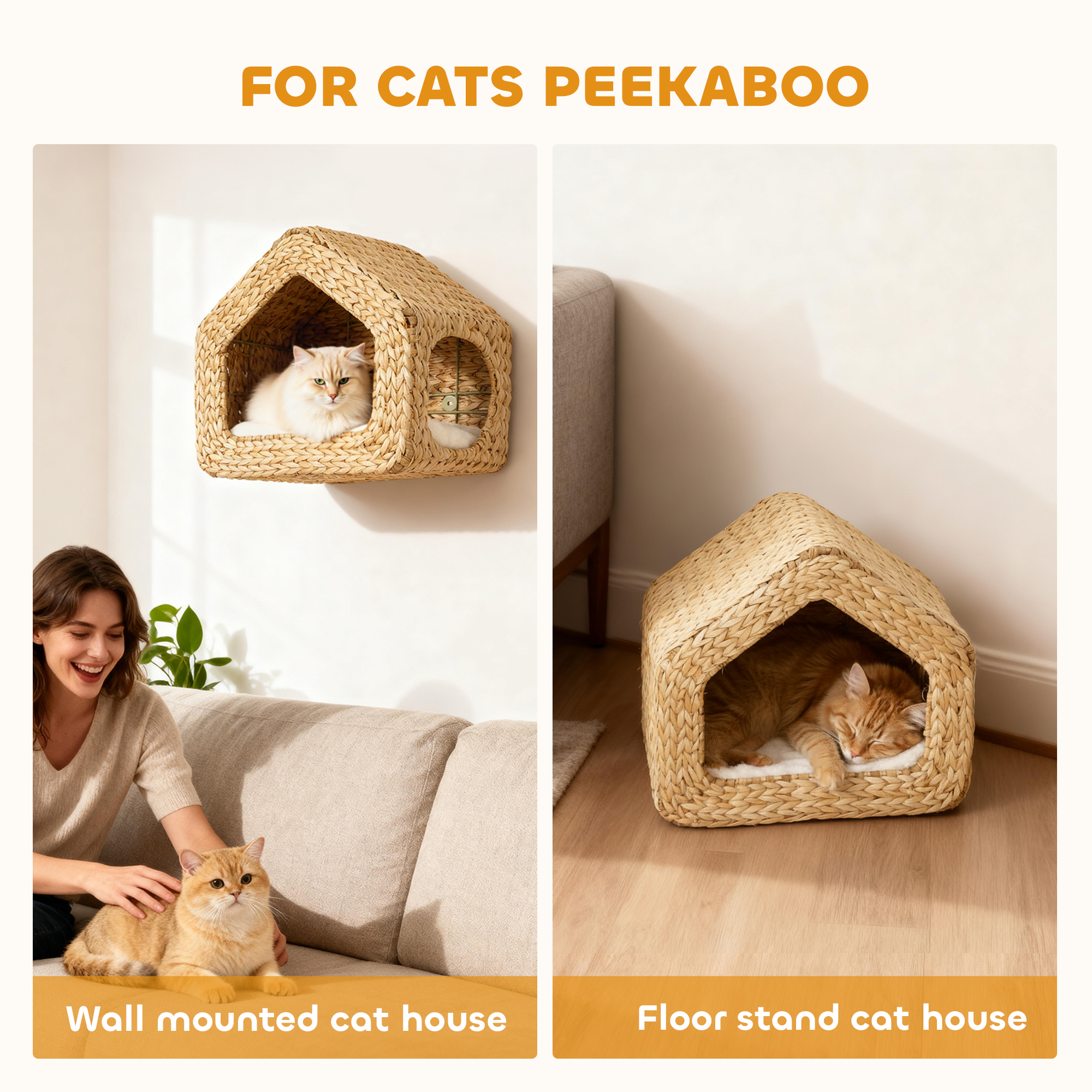 Cat Wall Shelf, Wall Mounted Cat House with Washable Cushion, Kitty Shelf Furniture for Indoor Kittens, Natural - Image 6