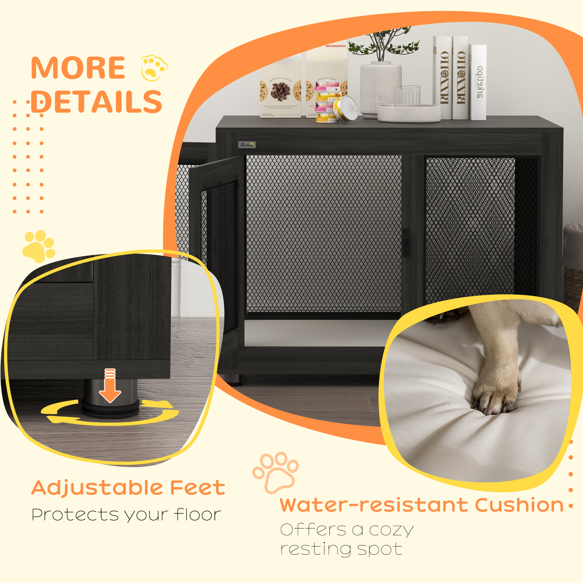 Pet Crate End Table with Water-resistant Cushion or Large Medium Dogs, Black