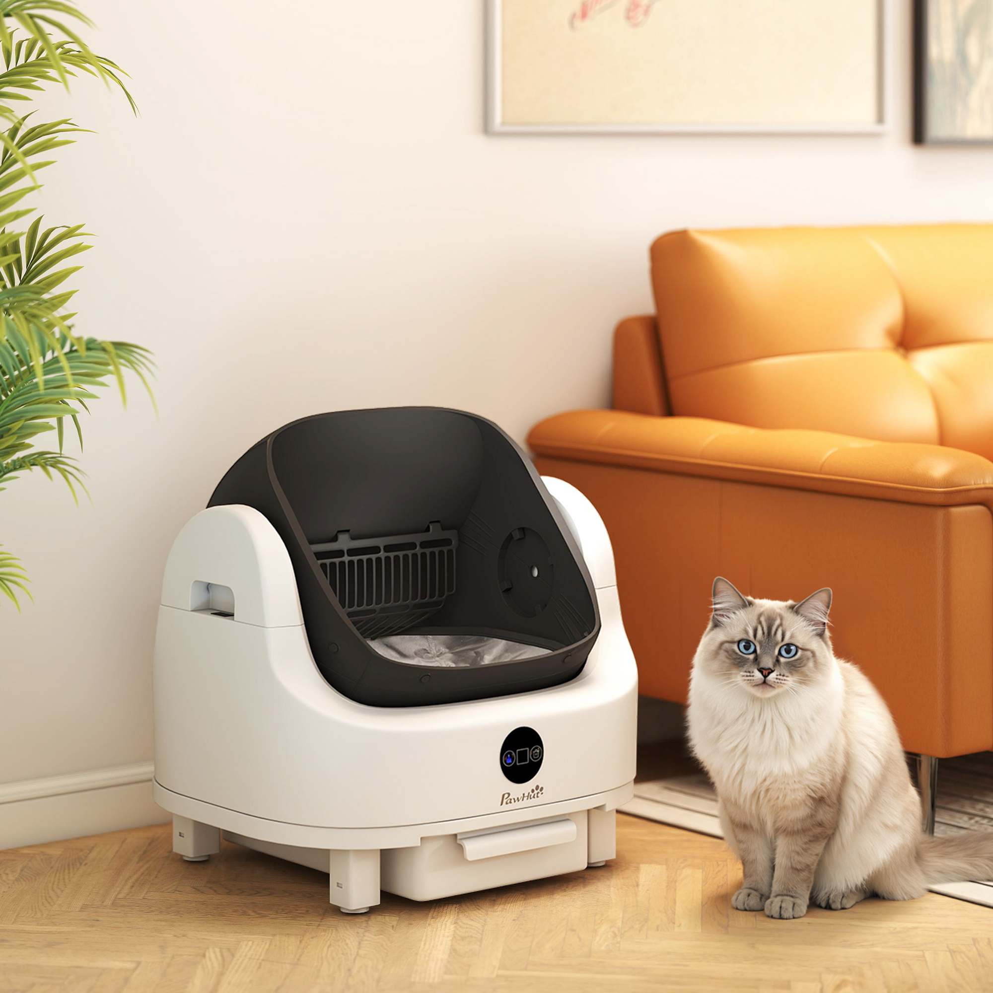 Open-Top Self Cleaning Cat Litter Box, Automatic Cat Litter Box with Integrated Safety Protection