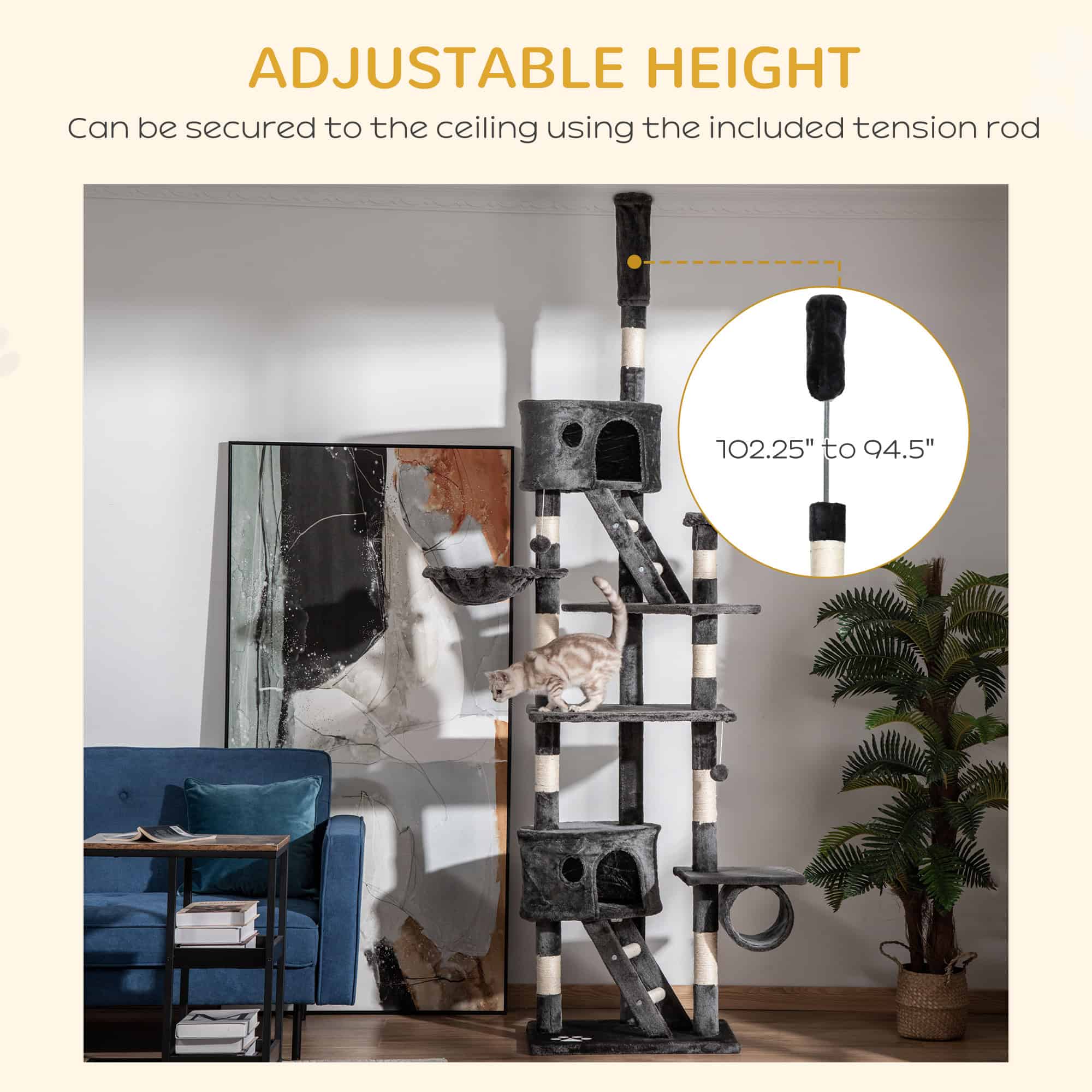 94"-102" Floor to Ceiling Cat Tree High Cat Condo Scratching Post Activity Center Multi-Level Play House Dark Grey - Image 5