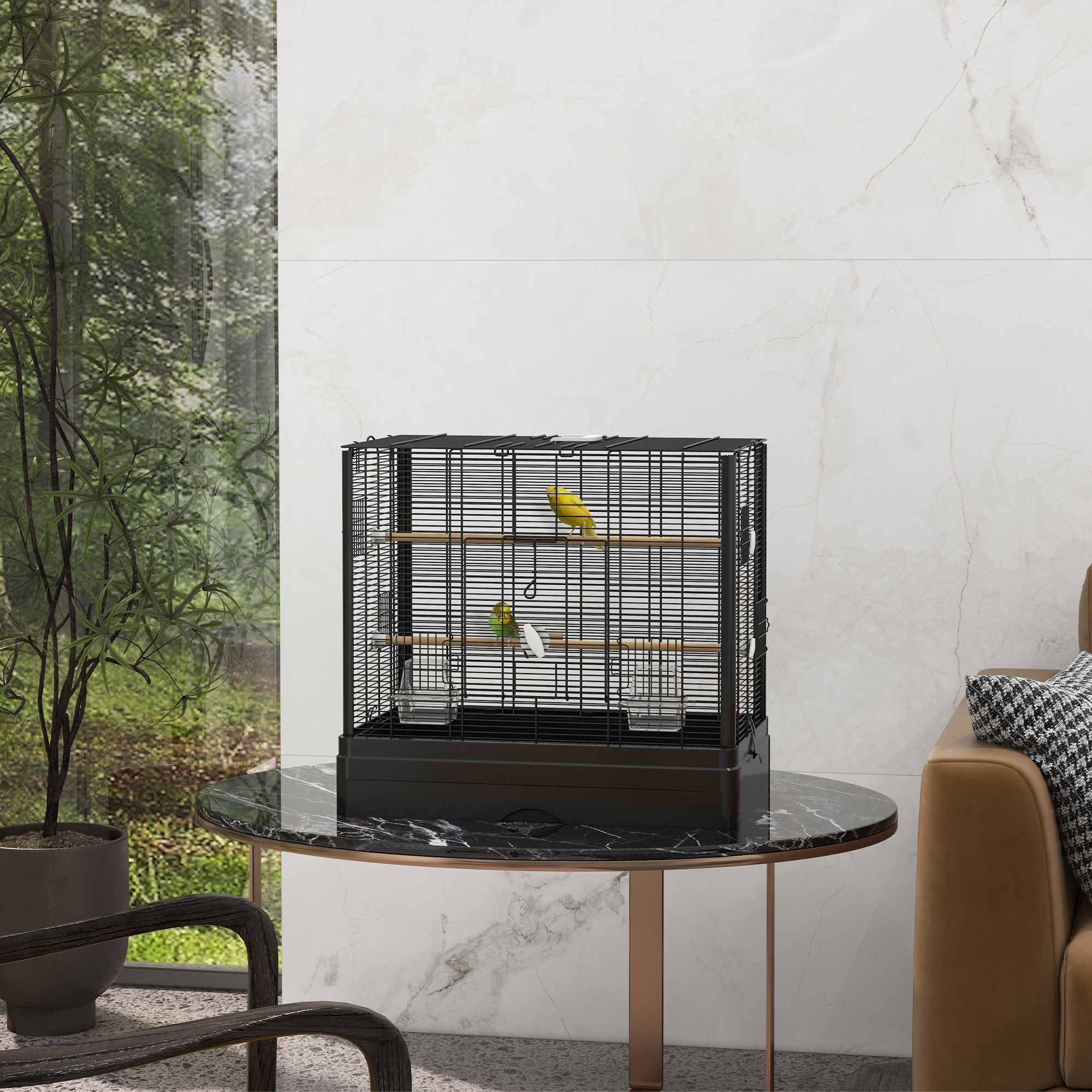 22" Bird Cage for Budgie Finches Canaries Love Birds with Wooden Stands, Slide-Out Tray, Handles, Food Containers, Black