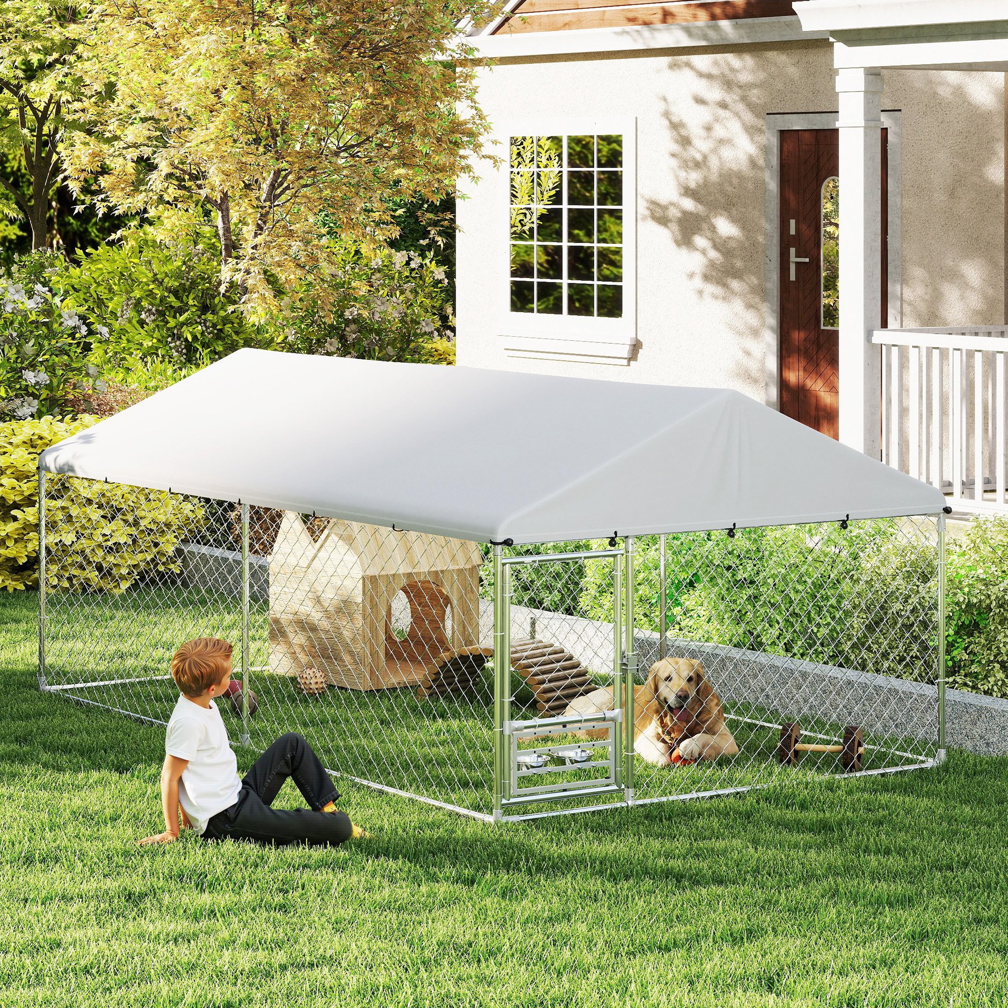 Outdoor Dog Run w/ Adjustable & Rotating Bowls, Water-Resistant UV-Resistant Cover, Secure Lock, 13.1' x 7.5' x 5.2'
