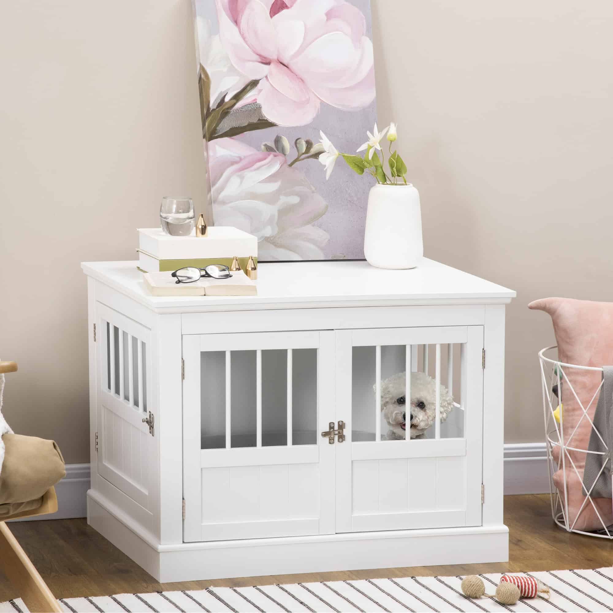 31" Dog Crate Furniture End Table with Three Doors for Small Dogs, White