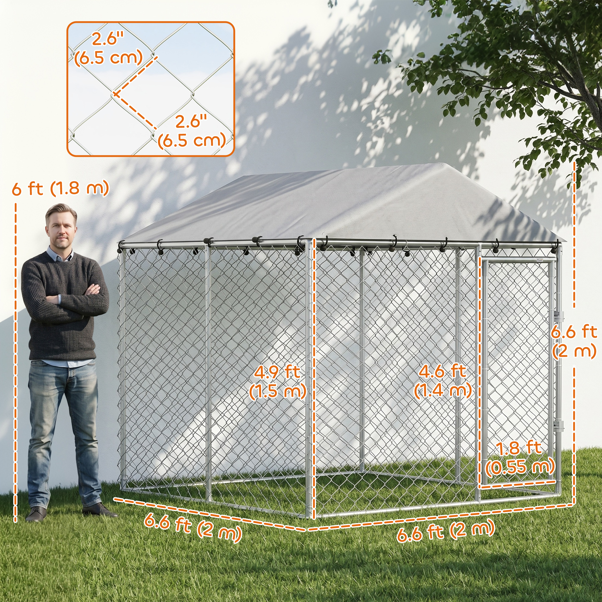 6.6' x 6.6' x 6.6' Outdoor Dog Kennel Heavy Duty Galvanized Steel with UV-resistant Roof, Silver