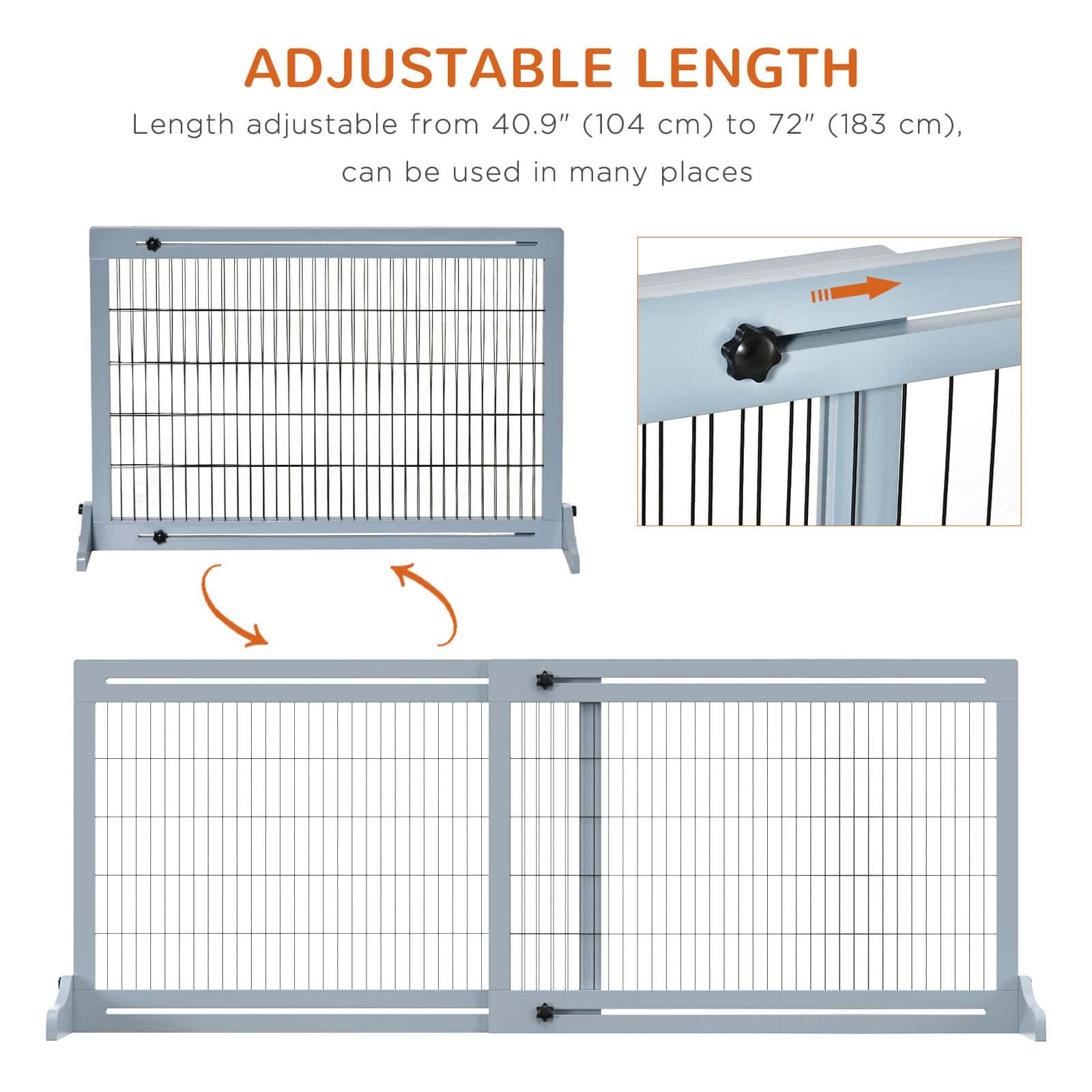 41"-71" Wooden Freestanding Pet Gate with Support Feet, for Small Medium Dogs, Grey-Blue - Image 4