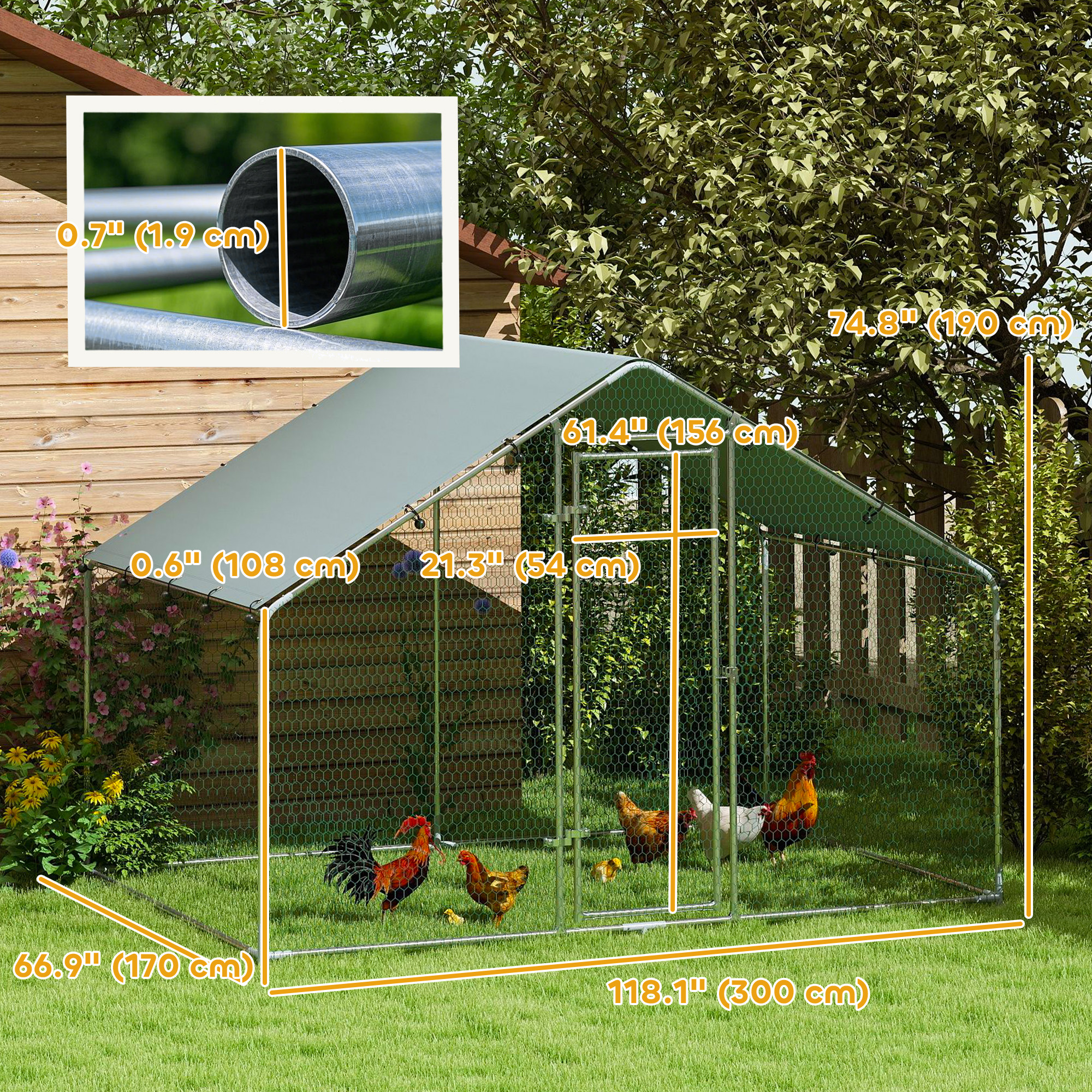Metal Chicken Coop, 9.8 x 5.6 FT Walk-in Chicken Run with Cover, Lockable Door, Outdoor Poultry Cage for 5-8 Chickens - Image 3