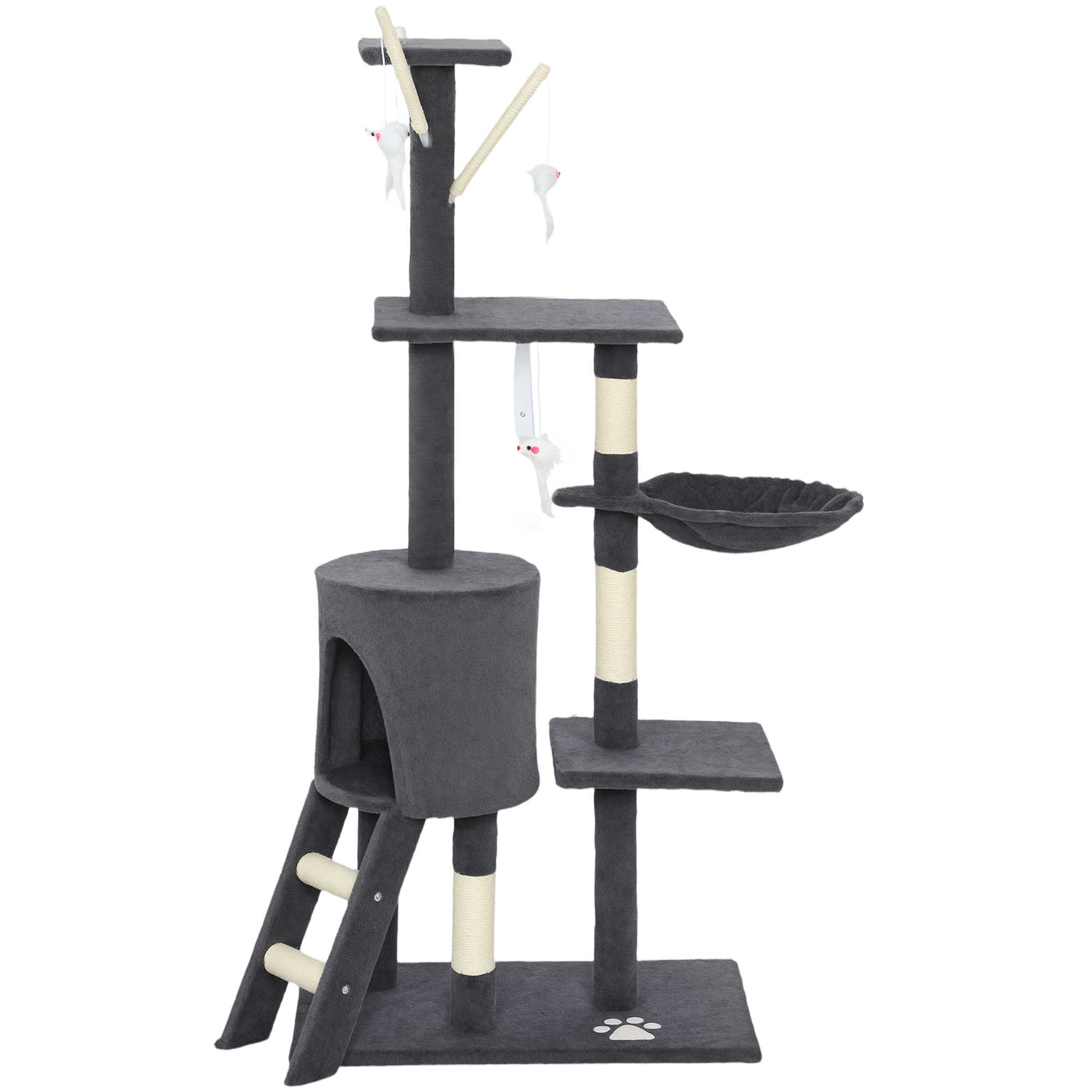 53" Cat Tree Tower, Kitten Activity Centre with Scratching Posts, Condo, Perches, Ladder, Hammock, Dangling Toys, Dark Grey