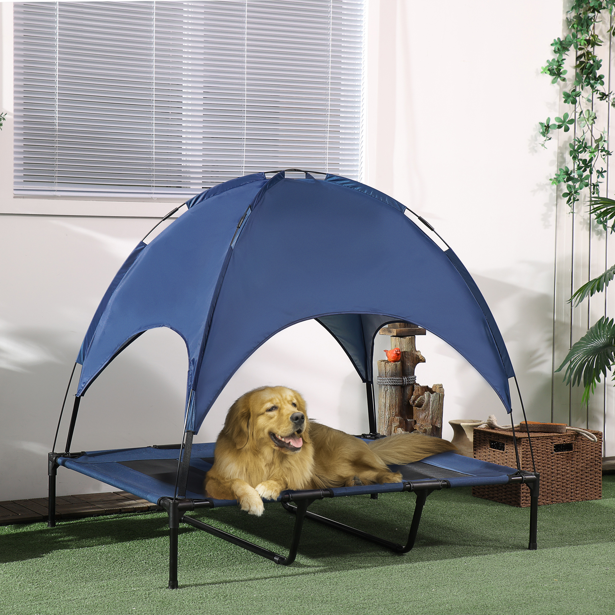 Elevated Cooling Pet Bed Portable Raised Dog Cot with Canopy for XL Sized Dogs, Dark Blue