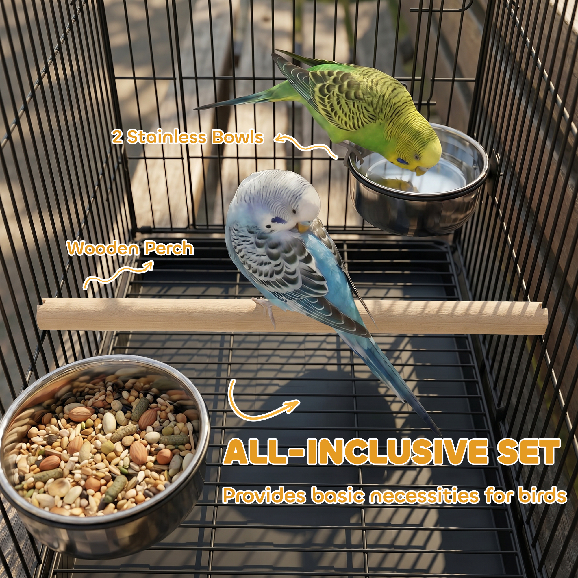 Bird Cage Portable w/ Slide-Out Tray Travel Cage for Parakeets w/ Perch & Food Bowls Black - Image 7