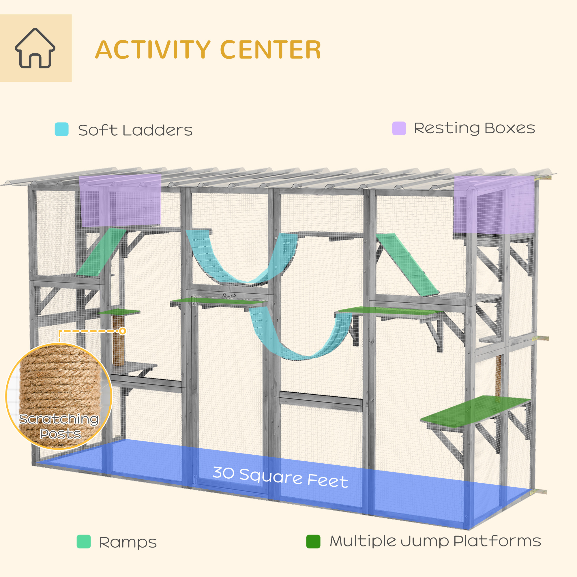 Large Outdoor Catio with Condos, Platforms, Doors, Ladders, Weather-Resistant Roof, Grey