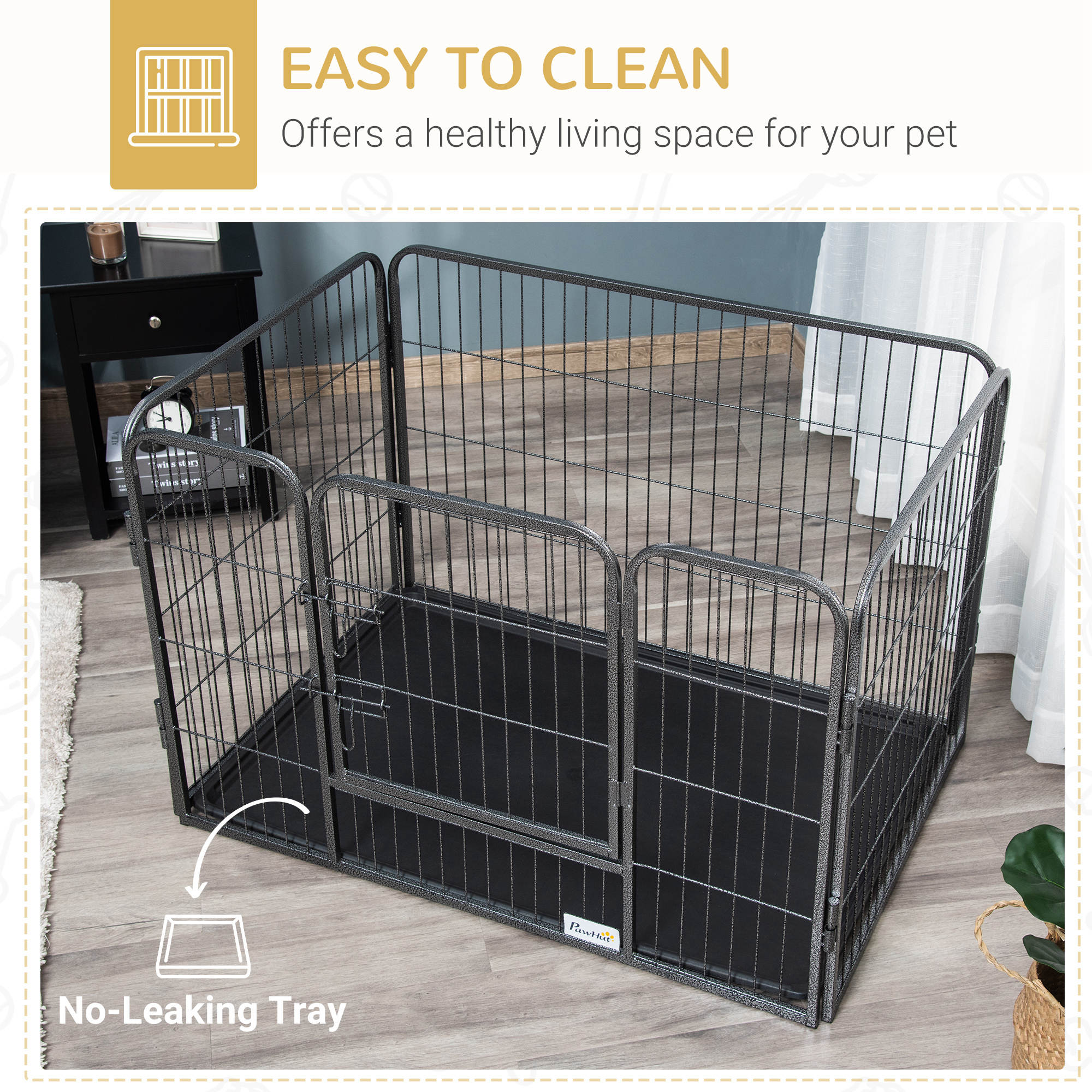4 Panels Dog Playpen, Heavy Duty Dog Fence, 28" H Portable Pet Playpen with Door Double Locking Latches, Tray, Grey