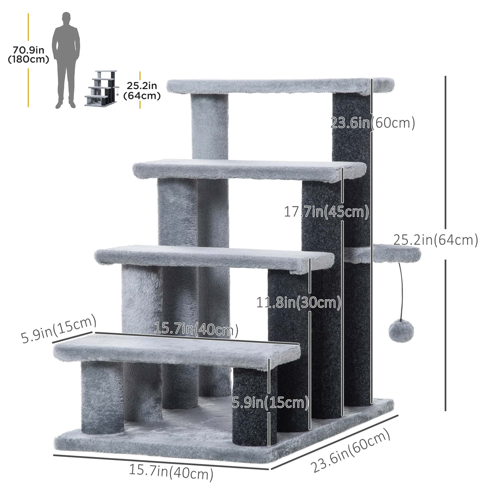 Cat Stairs for Bed, Couch 4 Steps, Small Cat Tree for Indoor Cats with Scratching Posts Toy Ball, 23.5" x 16" x 25"